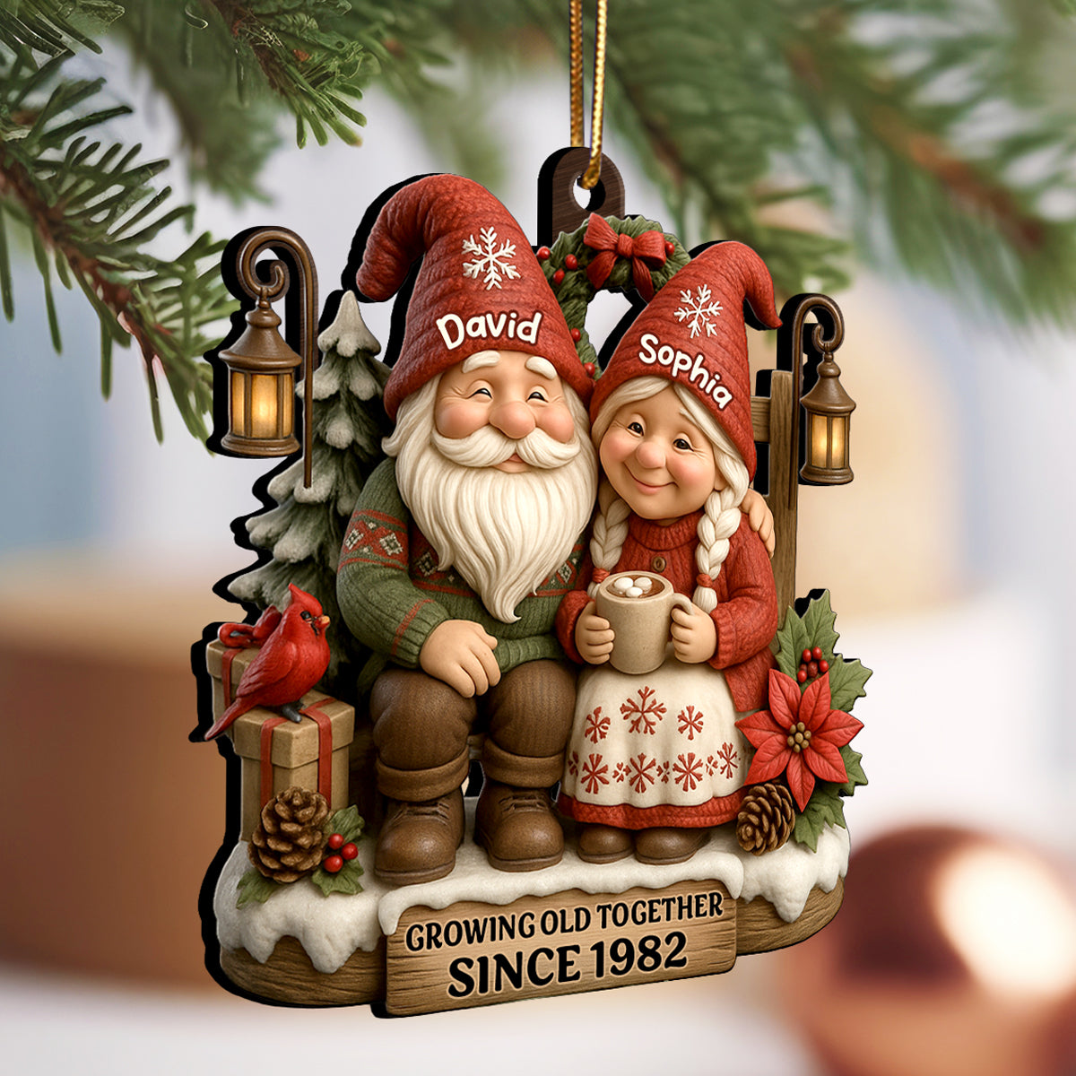 Old Gnomes Couple Sharing Holiday Cheer Together - Personalized Wooden Ornament - Thoughtful & Heartfelt Christmas Gift for him, Gift for her