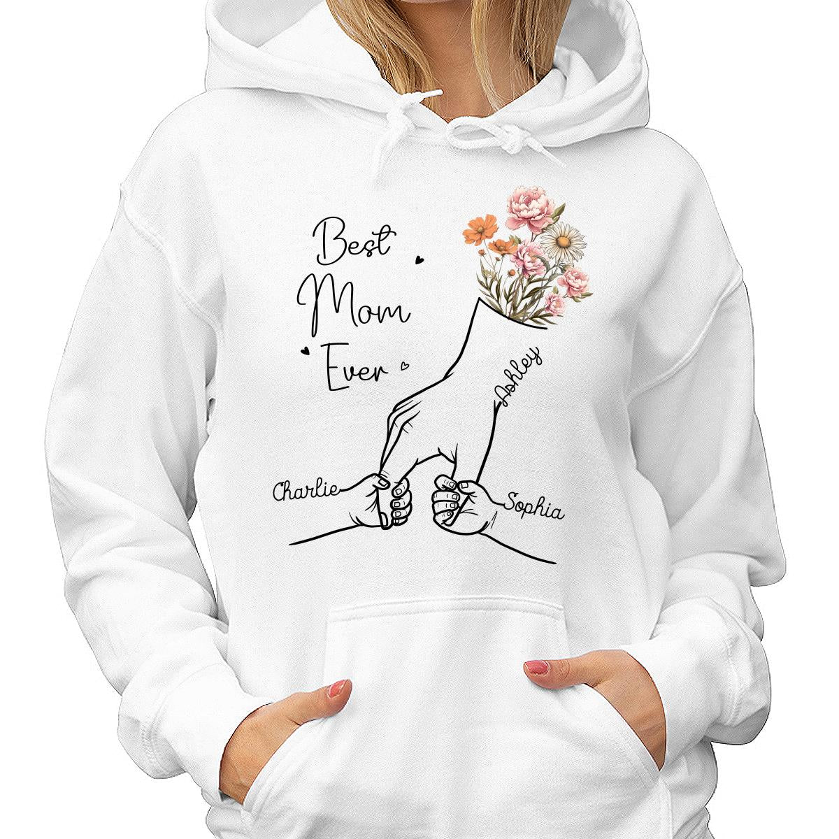 Best Mom Grandma Ever Outline Kids Holding Hand Birth Flowers Personalized Shirt