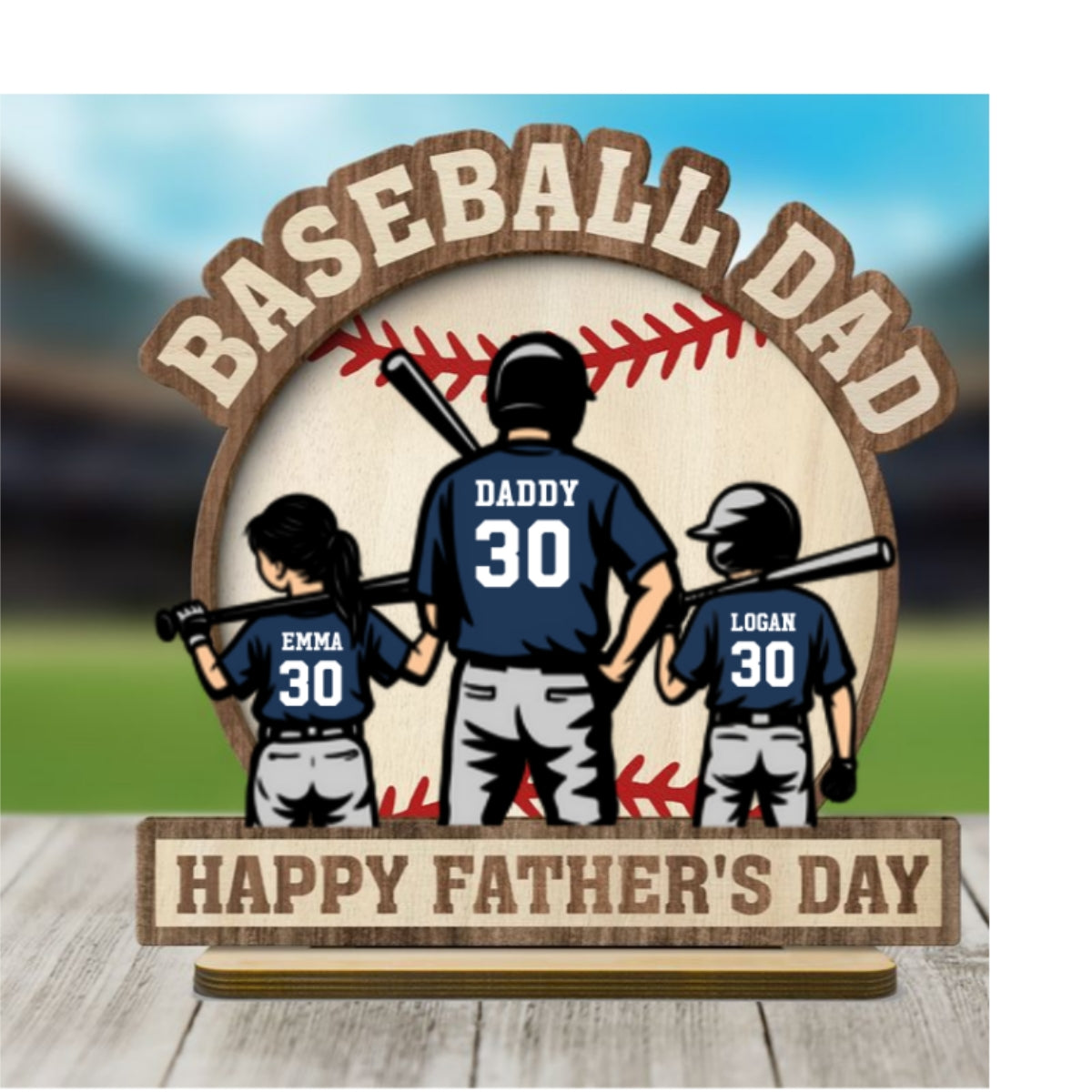 Baseball Family Back View Personalized 2-Layered Standing Wooden Plaque, Father's Day gift for Dad, for Husband