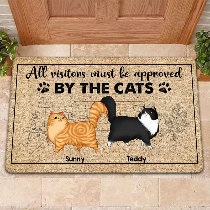 Outline Background In House Cartoon Walking Fluffy Cats Personalized Doormat