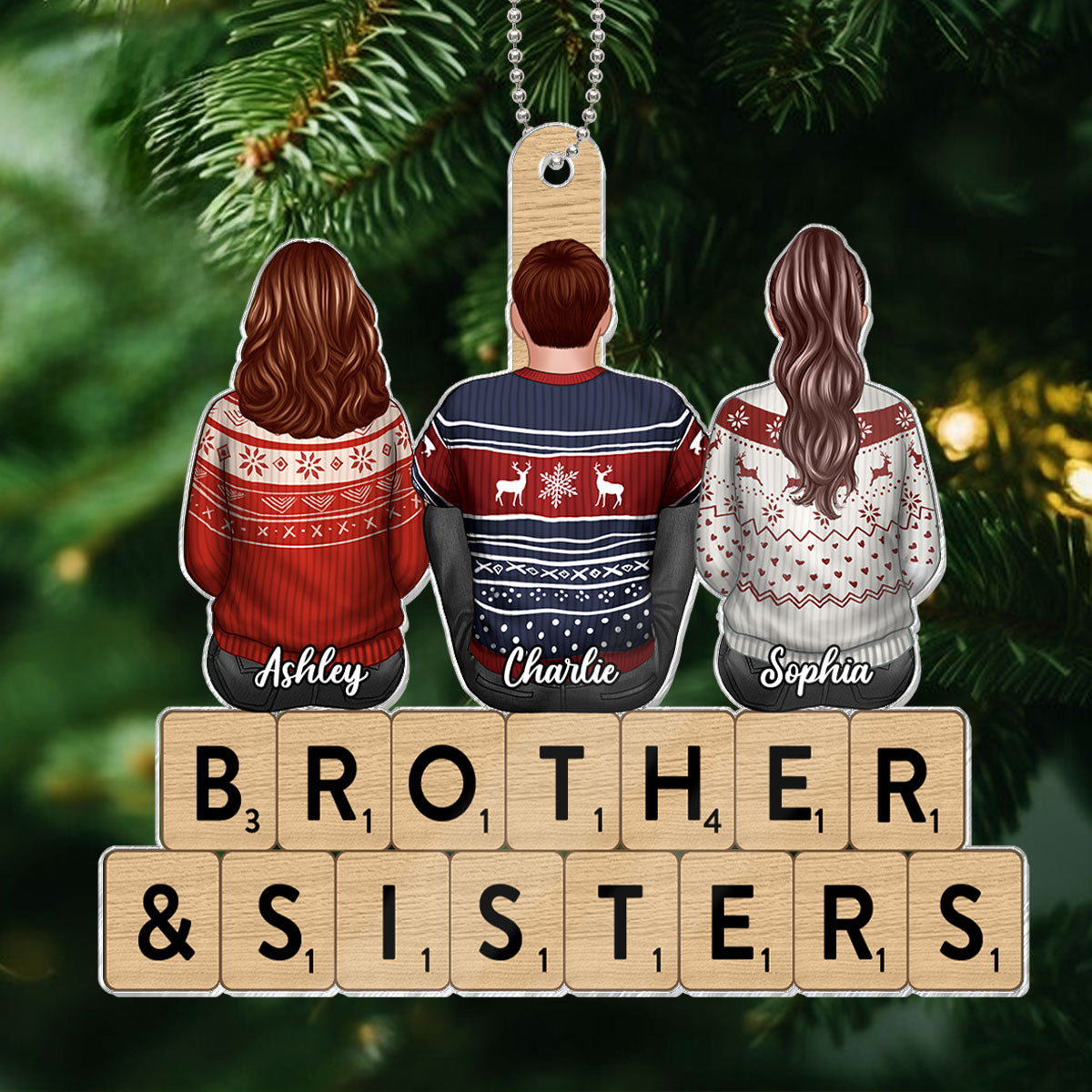 Brothers Sisters Siblings Sitting Back View Personalized Acrylic Ornament