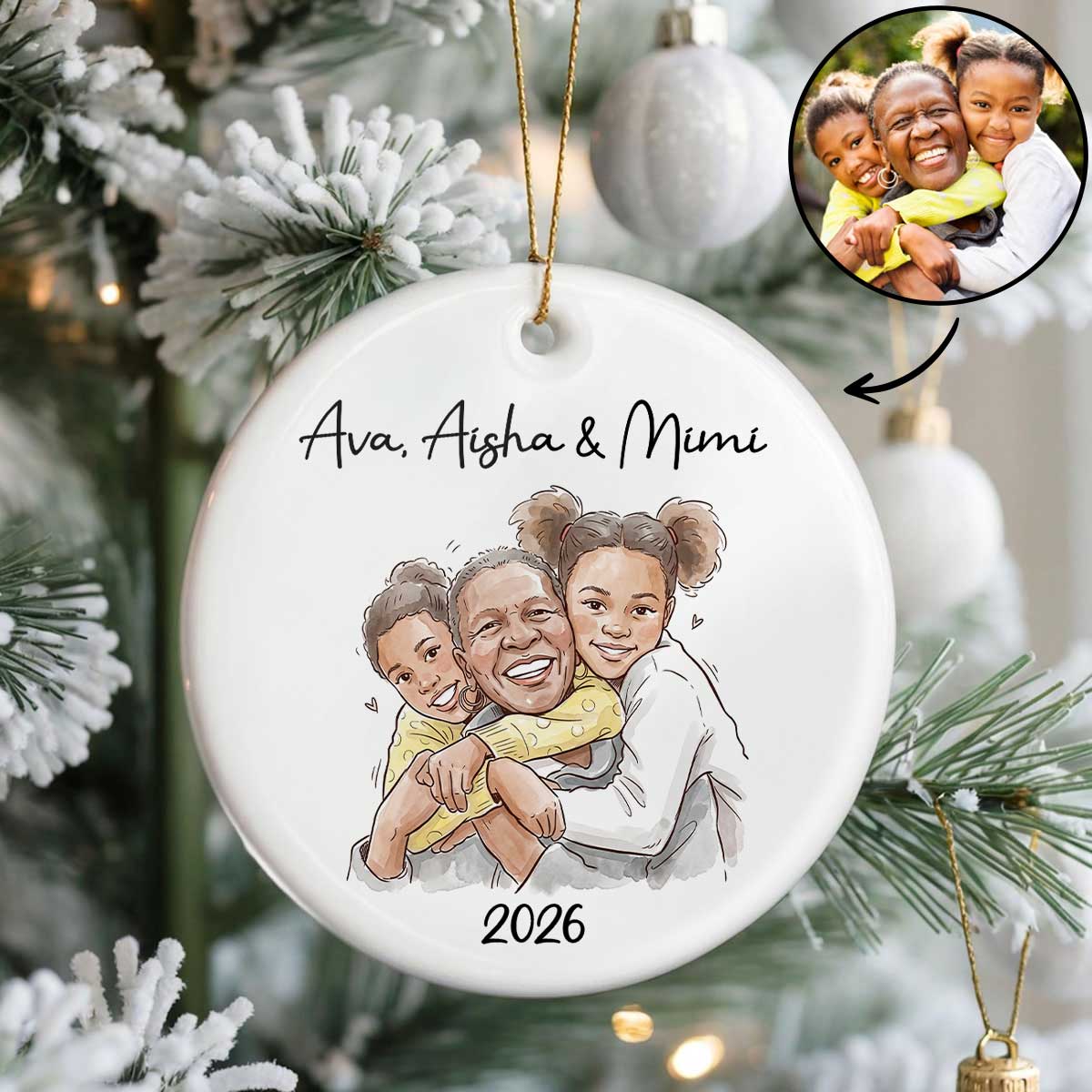 Custom Photo Grandma Grandkid Watercolor Style - Personalized Ceramic Ornament - Christmas Gift For Grandkids, Grandma