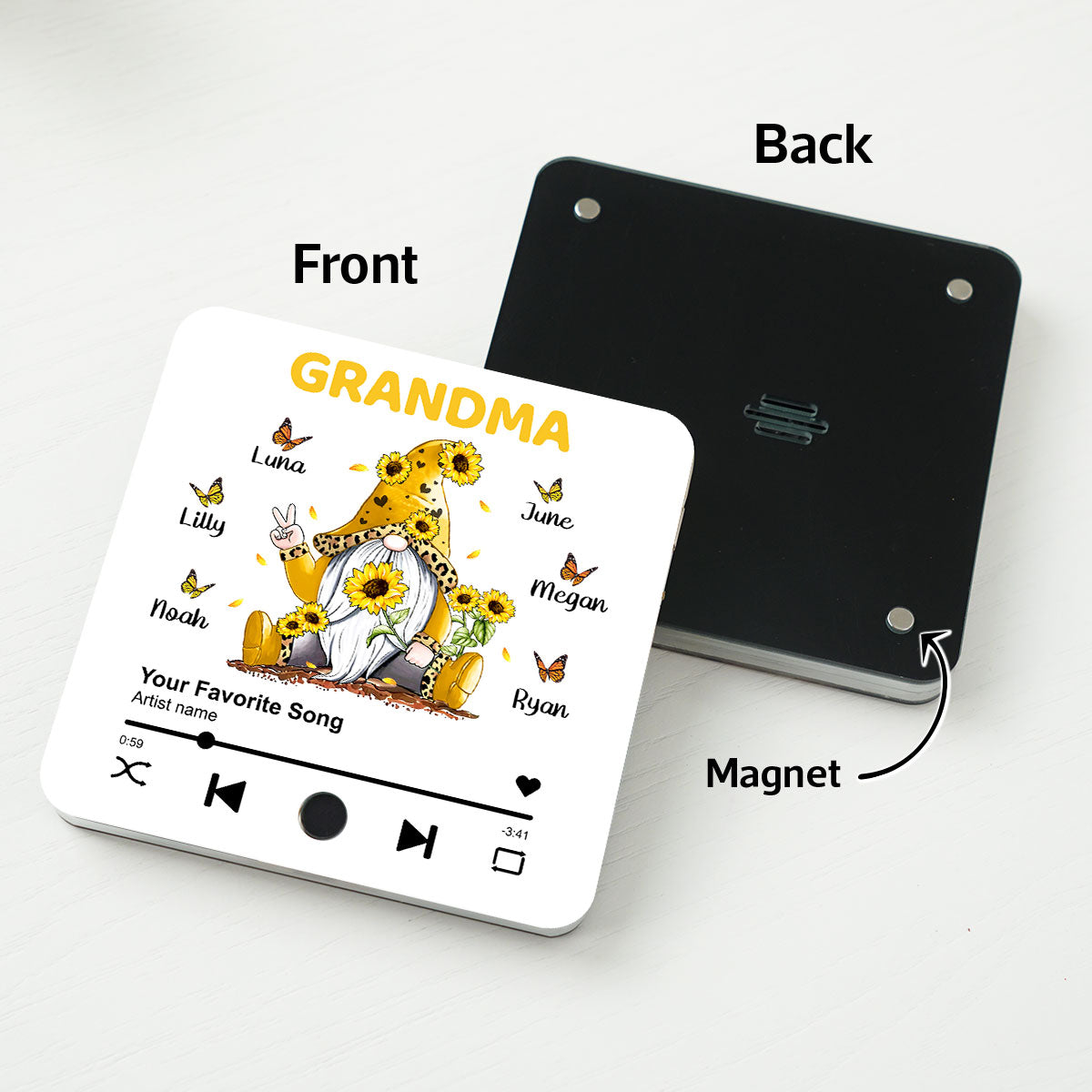 Sunflower Gnome Butterflies Grandma With Grandkids Personalized Music Fridge Magnet, Heartfelt Gift For Mom For Grandma