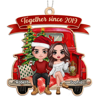 Doll Couple Truck Back View Personalized Wooden Ornament