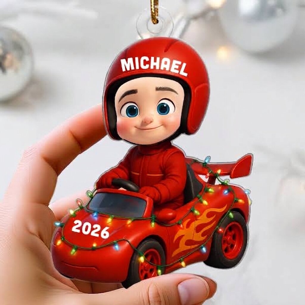 3D Effect Little Kid Racing Car Christmas Personalized Acrylic Ornament