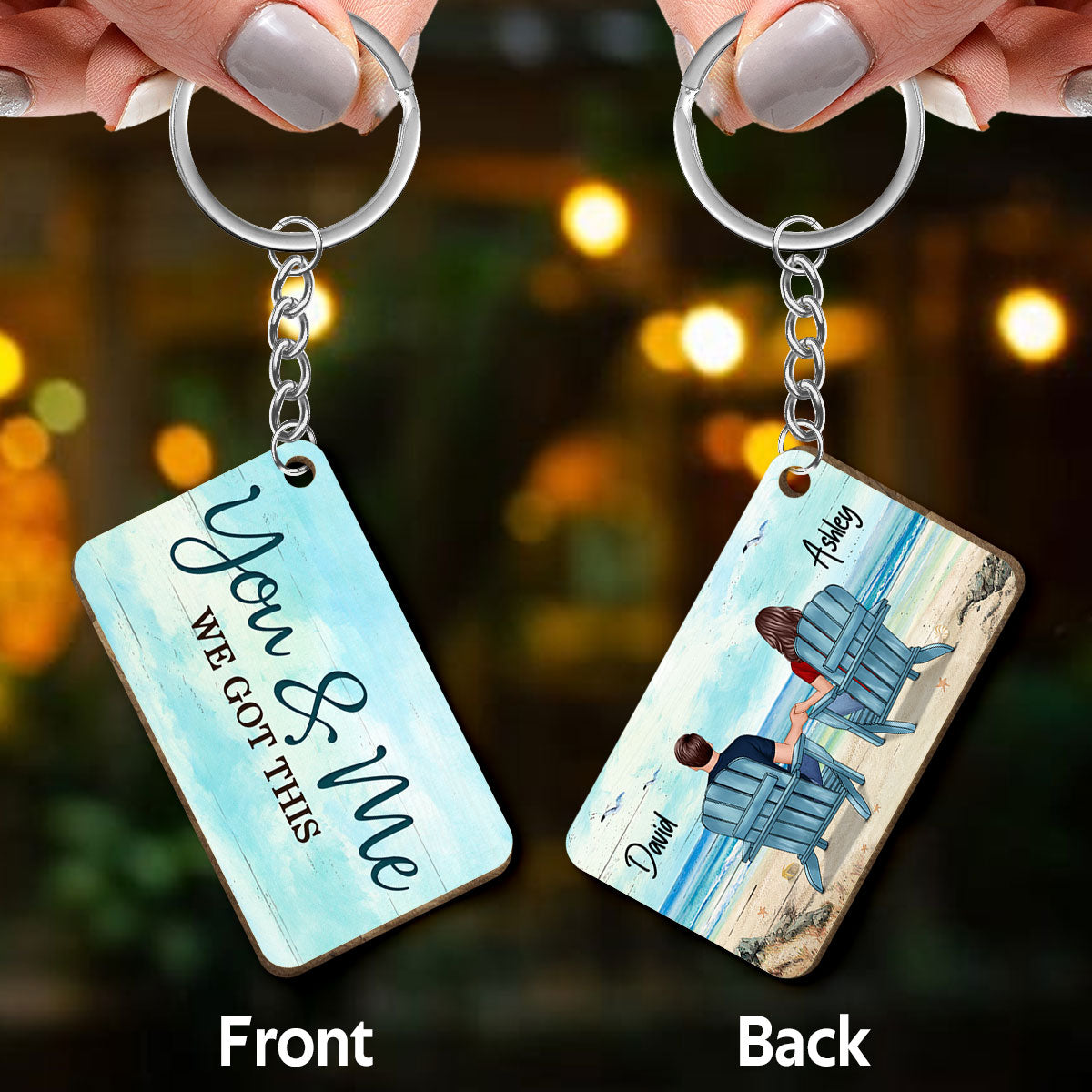 Back View Couple Sitting Beach Landscape Personalized Wooden Keychain
