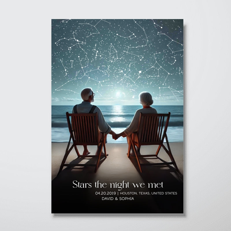 Romantic Beach Landscape Old Couple Sitting Under the Starry Night Poster, Custom Star Map by Date, Personalized Couple Constellation Map, Gift for him and her