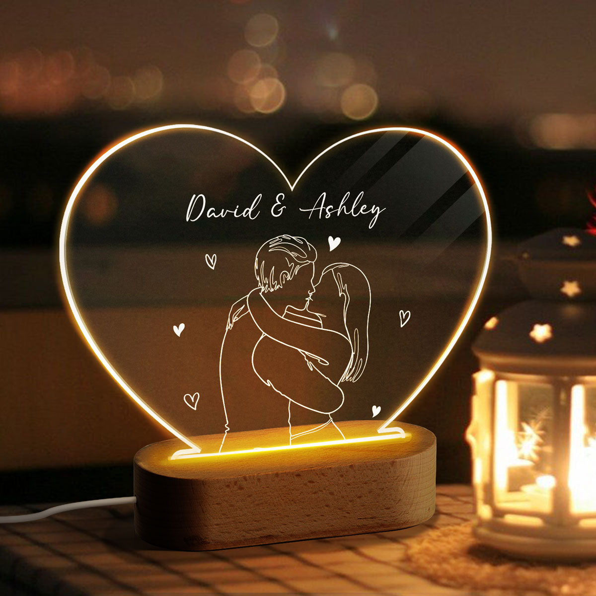 Couple Kissing Outline Personalized Heart Plaque LED Night Light, Acrylic LED Lamp, Valentine‘s Day Gift For Him, For Her