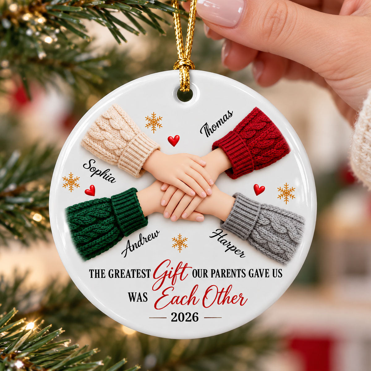 The Greatest Gift Siblings Hands - Personalized Ceramic Ornament - Christmas Gift for Brother Sister, Sibling Family Keepsake