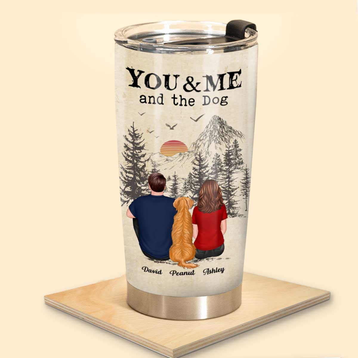 Back View Couple You Me And The Dogs Cats Vintage Sunset Personalized Tumbler