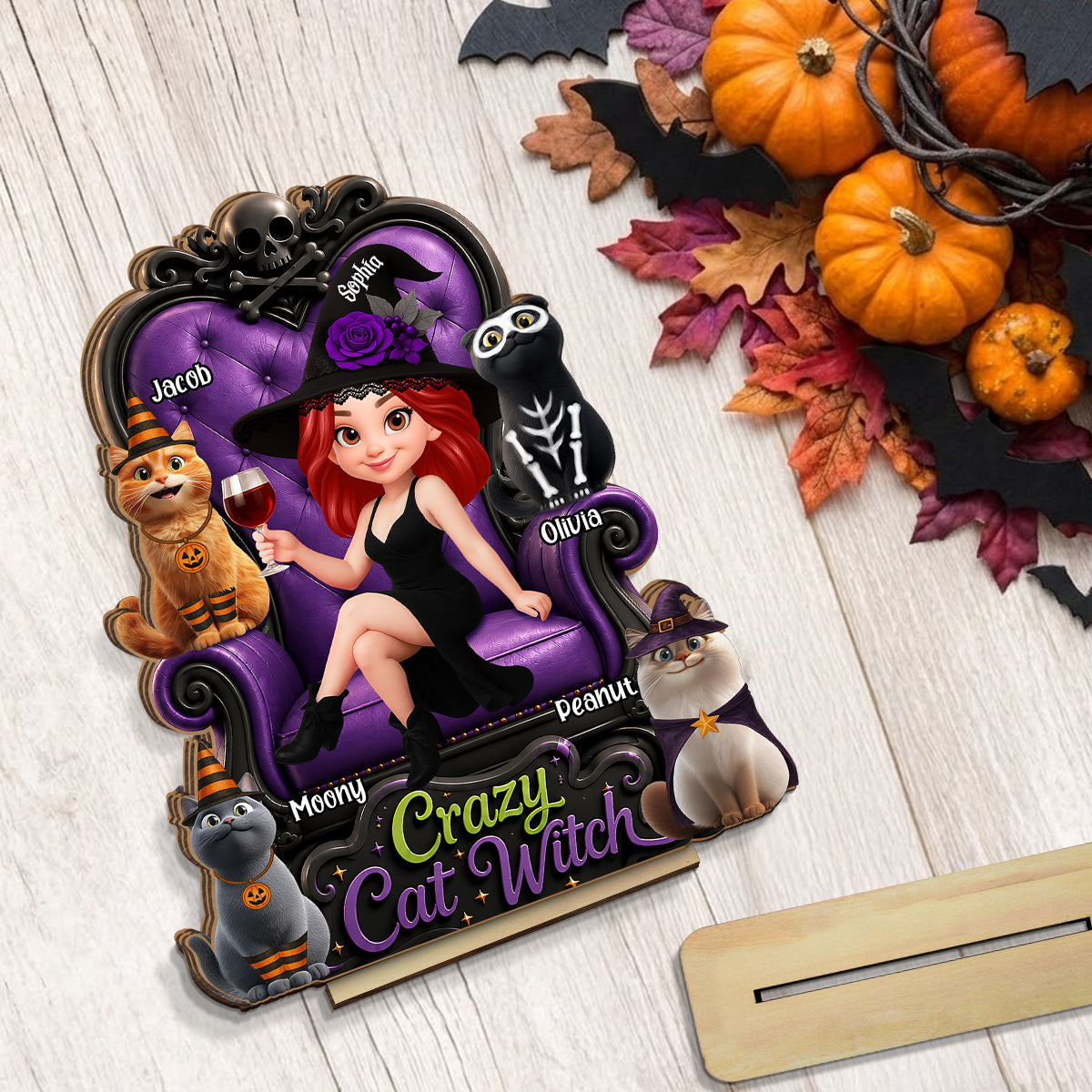 Crazy Cat Witch Halloween - Personalized 2-Layered Wooden Plaque - Halloween Decor for Cat Lovers