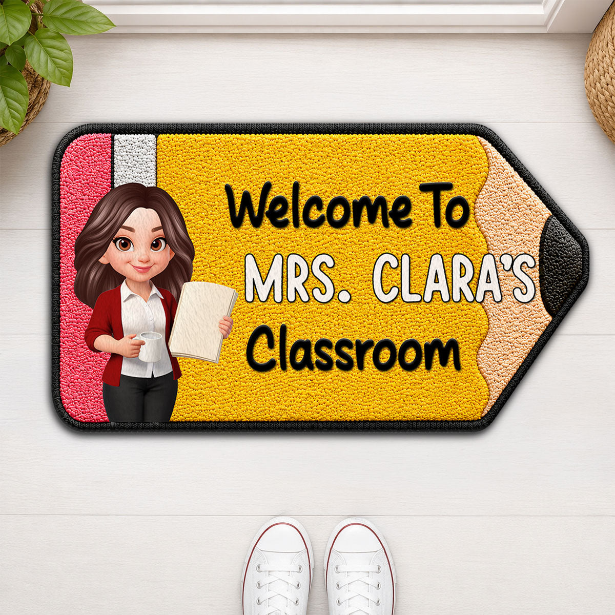 Happy Pencil Teacher Welcome To Classroom - Personalized Doormat - Back To School Gift For Teacher, Classroom Decor