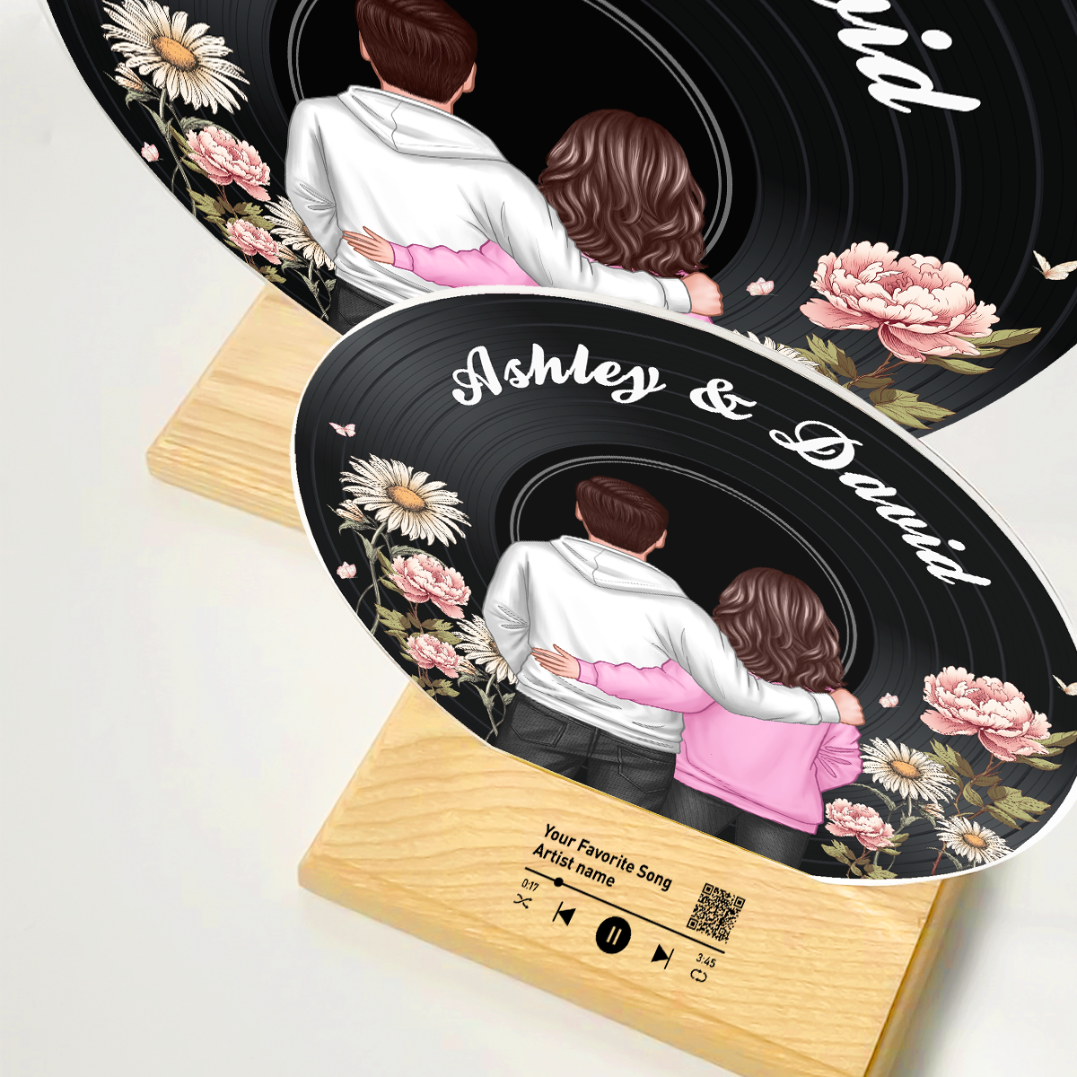 Back View Couple Birth Month Flower Custom Vinyl Record Acrylic Song Plaque, Scannable QR Code, Personalized Birthday, Anniversary Gift for her and for him