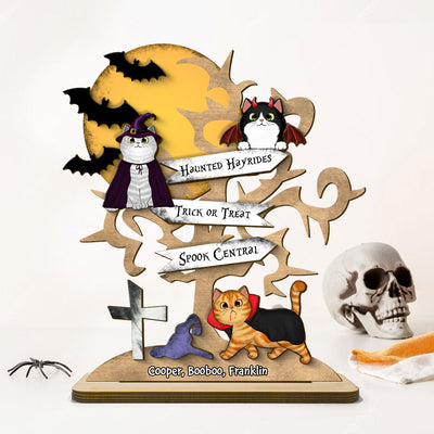 Halloween Cat Spooky Tree Personalized Wooden Standing Plaque, Halloween Decor For Cat Lovers