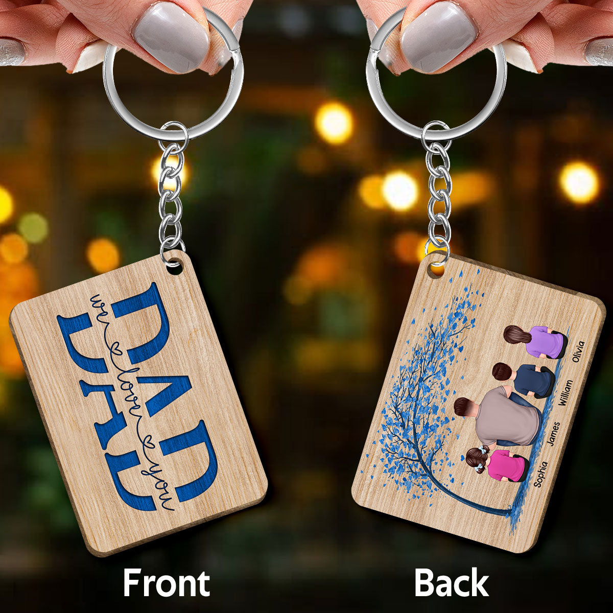 Dad And Kids Under Blue Tree Personalized Wooden Keychain