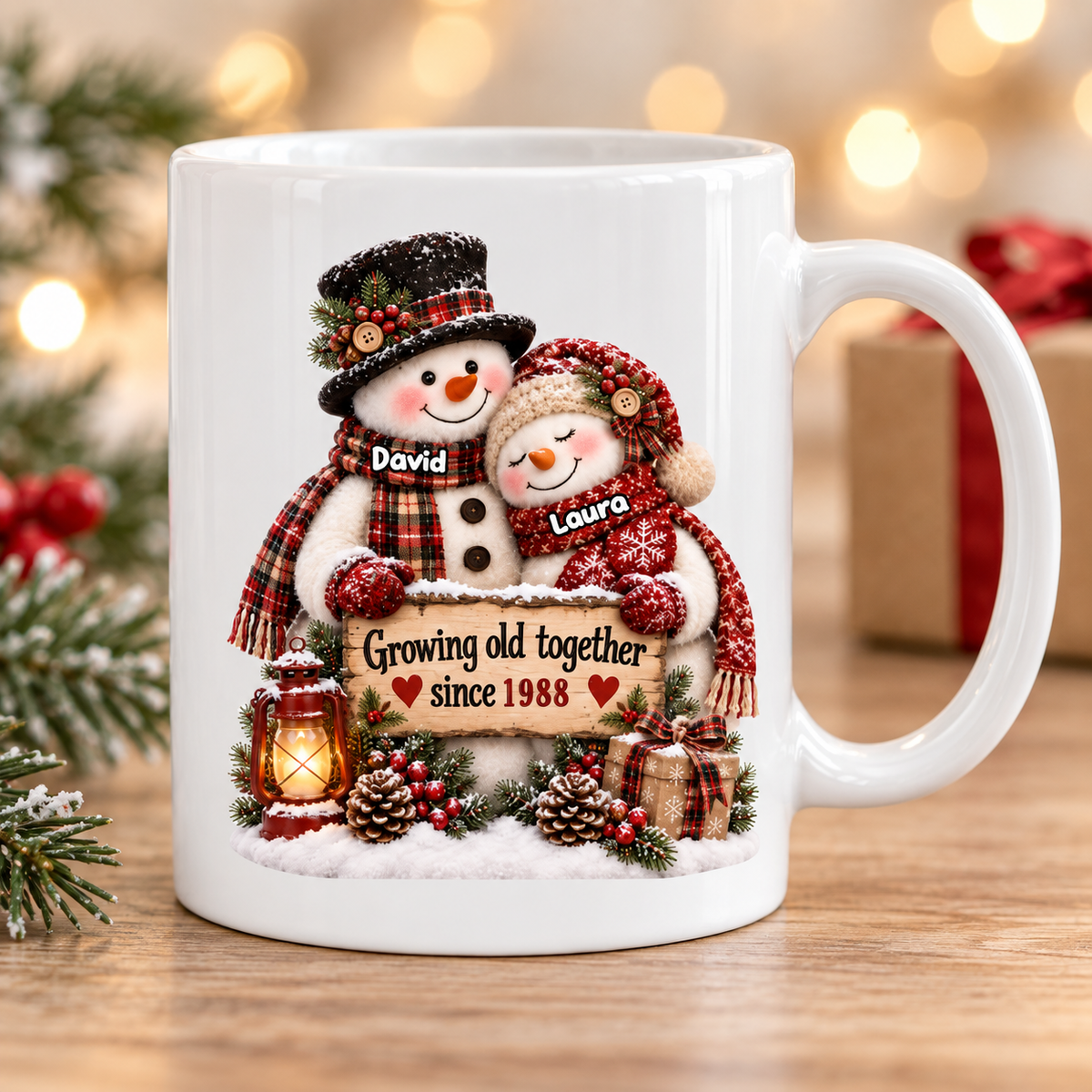 Snowman Couple Hugging Growing Old Together - Personalized Mug - Heartfelt Christmas Gift for Her, for Him