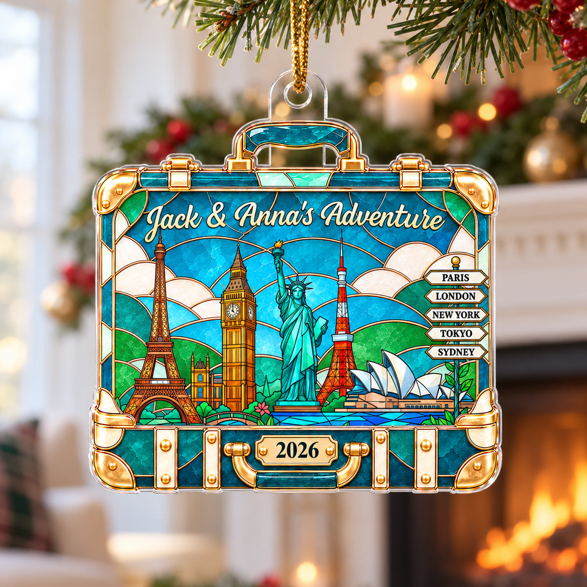 Custom Travel Adventure Suitcase Colorful Faceted Illustration 2D Flat Printed - Personalized Acrylic Ornament - Traveling Destination Keepsake, Christmas Gift For Traveling Lovers