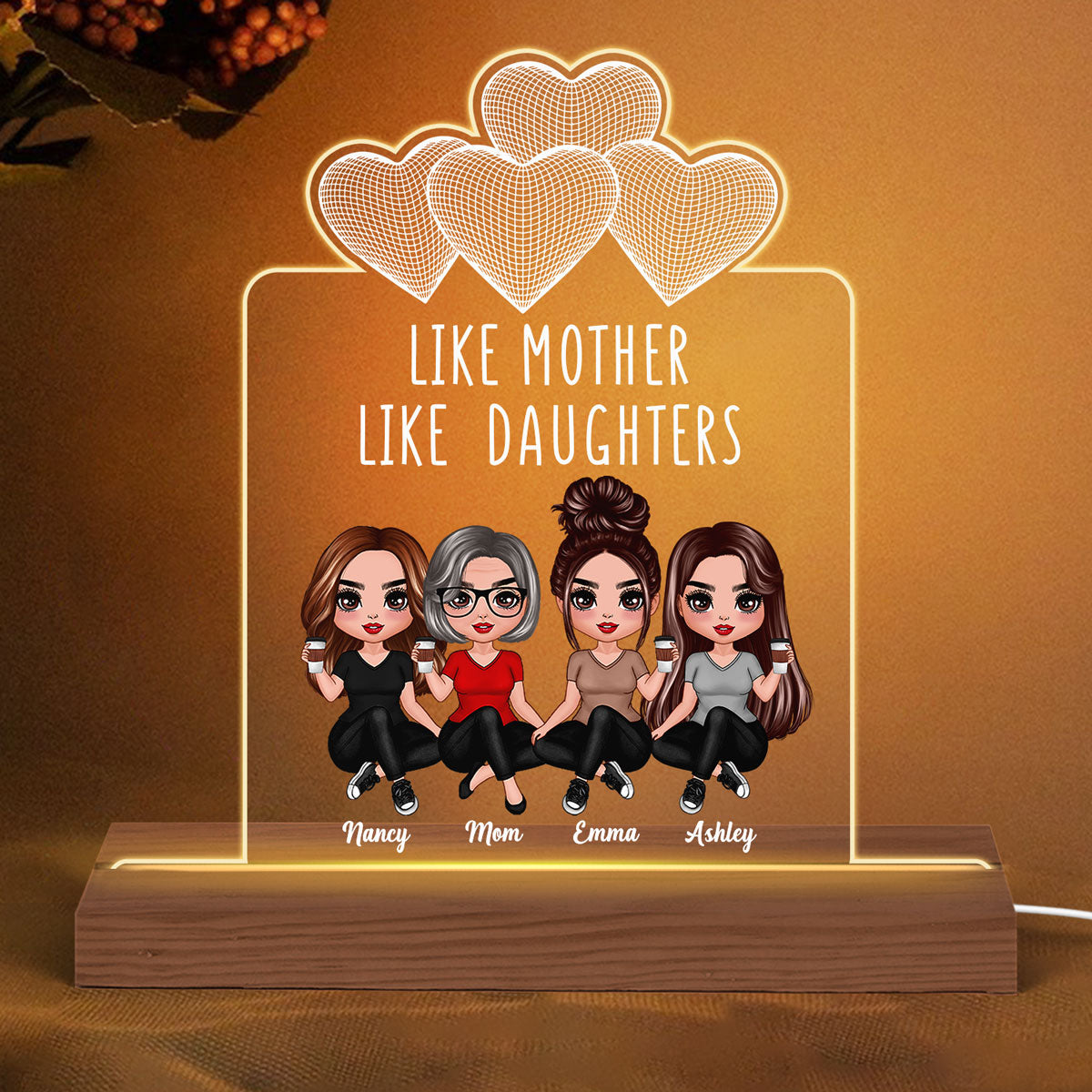 Wireframe Hearts Doll Women Sitting Like Mother Like Daughter Personalized Custom Shape Acrylic Plaque LED Night Light