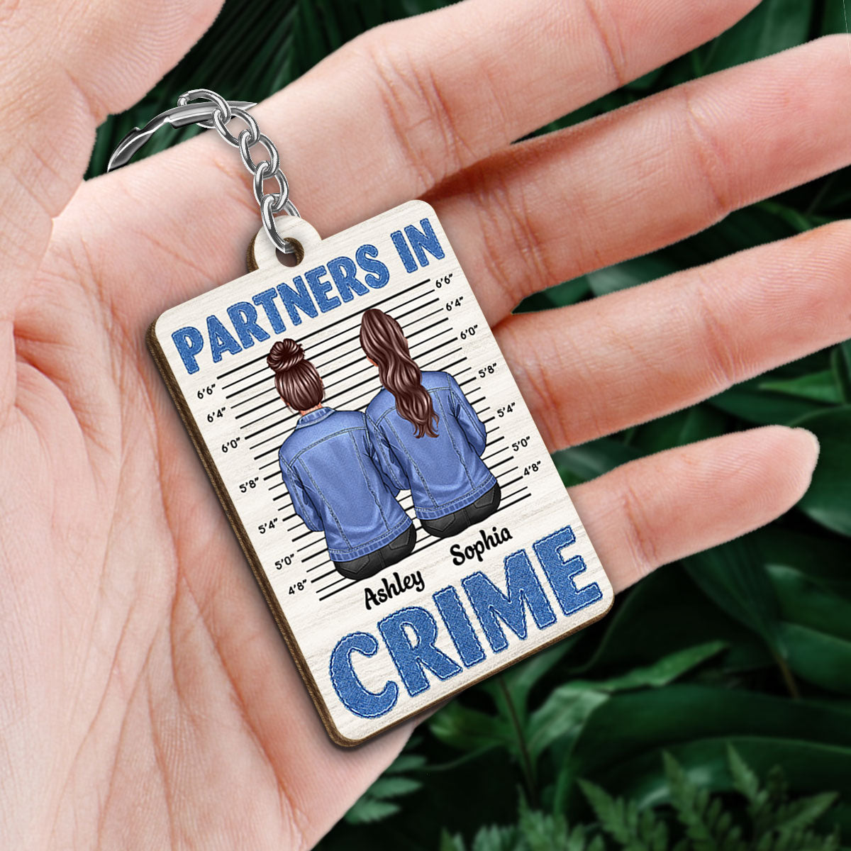 Denim Jacket Besties Sisters Back View Partners In Crime Personalized Wooden Keychain