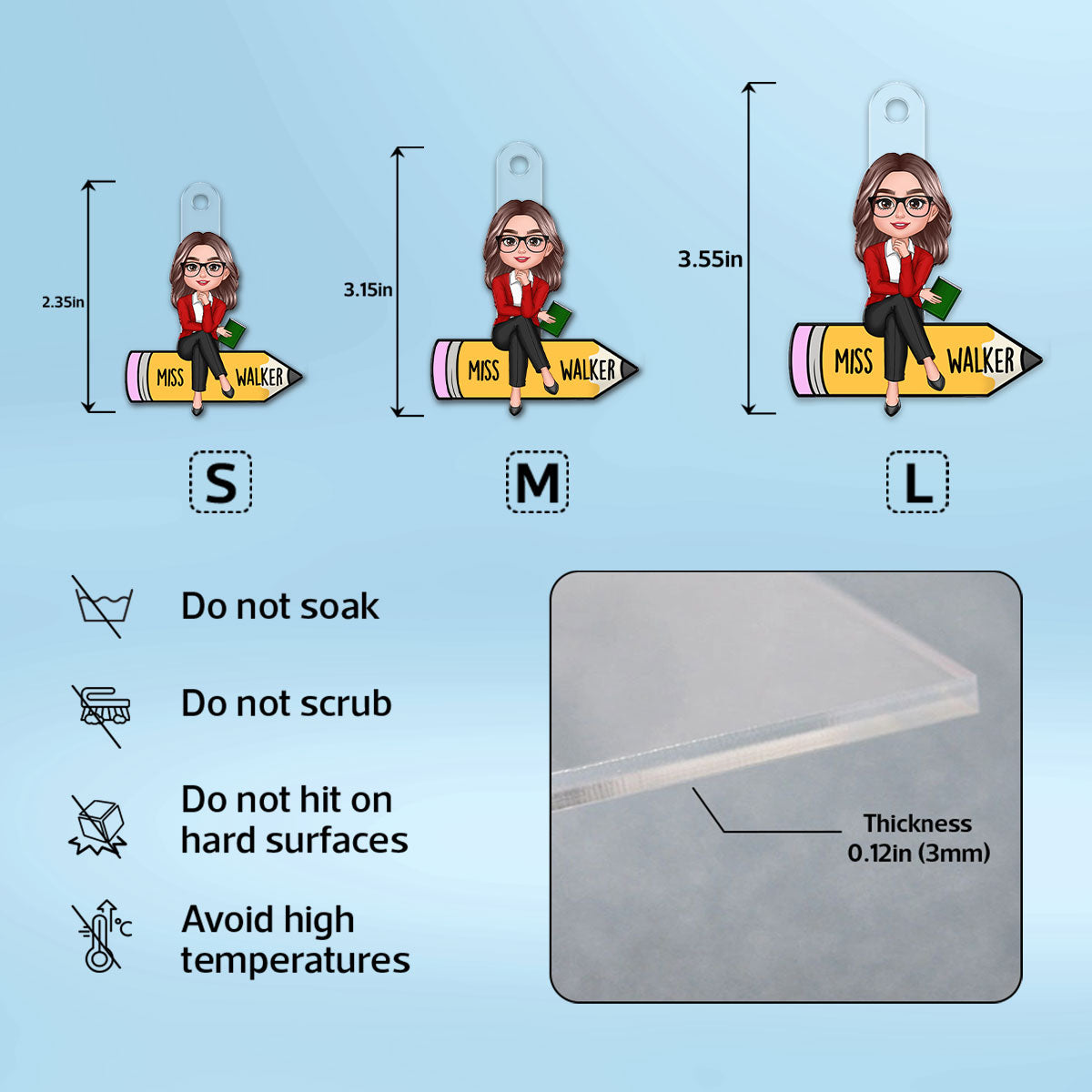 Doll Teacher Sitting On Pencil Personalized Acrylic Keychain, Back To School Gift For Teacher