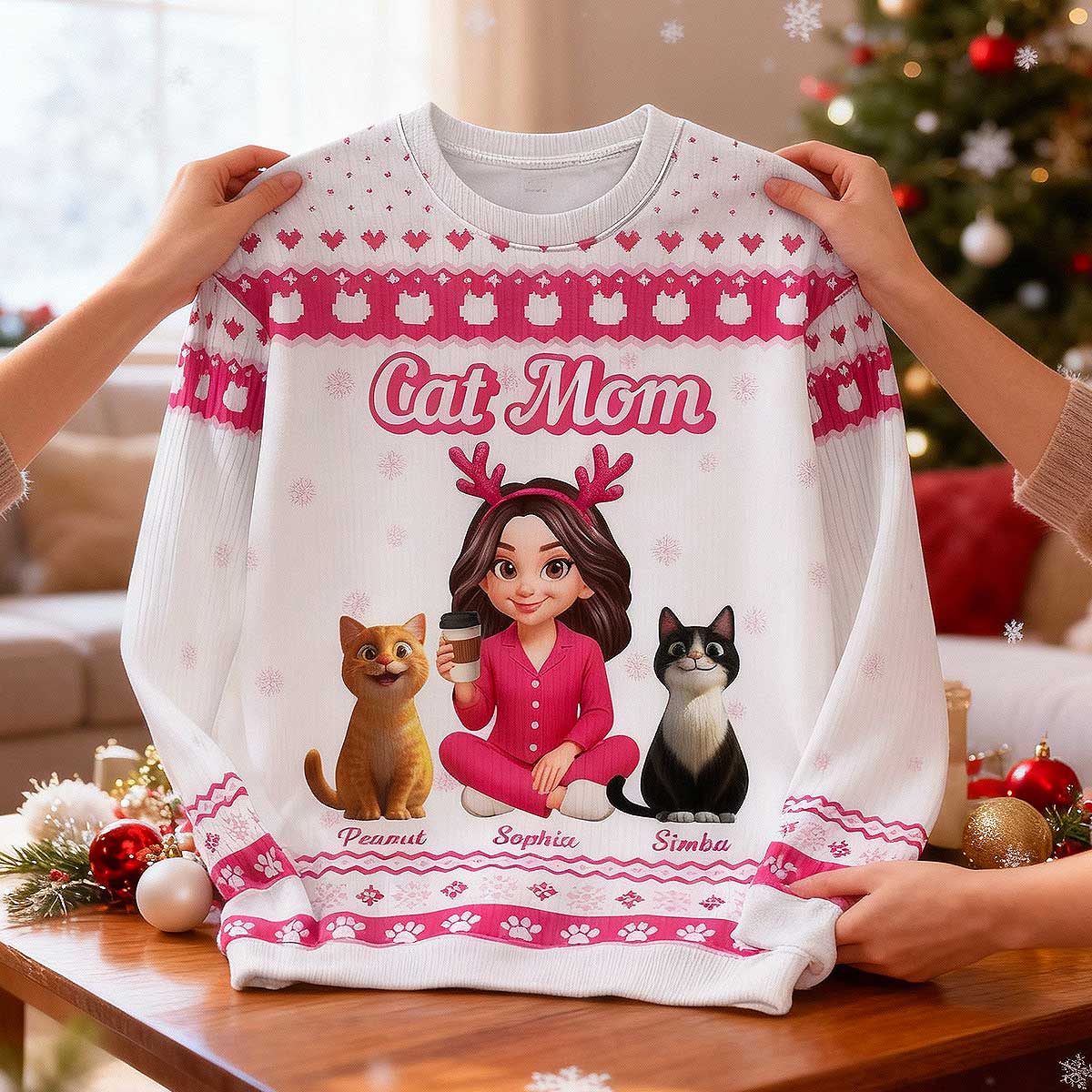 Christmas Pink Tone Cat Mom Faux Knitting Personalized Ugly Sweater