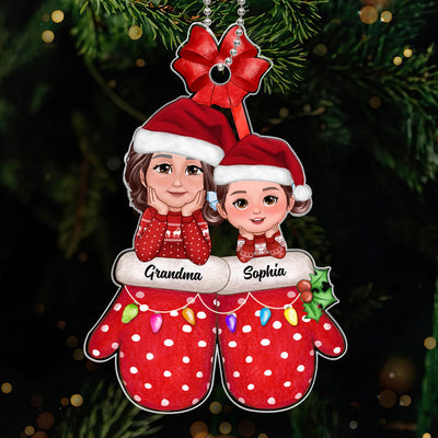 Grandma Grandkid Chin On Hands Christmas Glove Personalized Acrylic Ornament