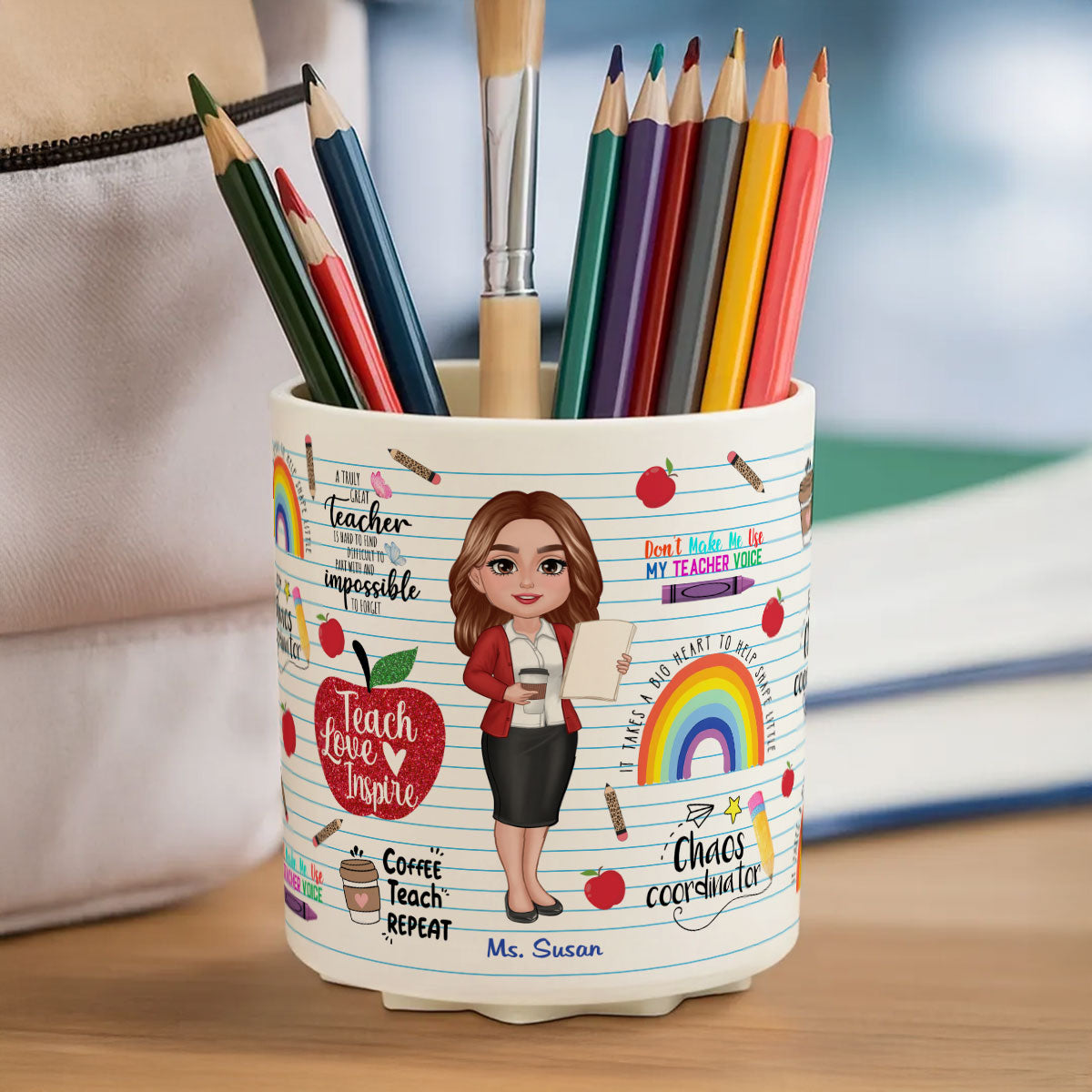 Teach Love Inspire Personalized Rotating Pen Holder, Back to School Gift for Teachers