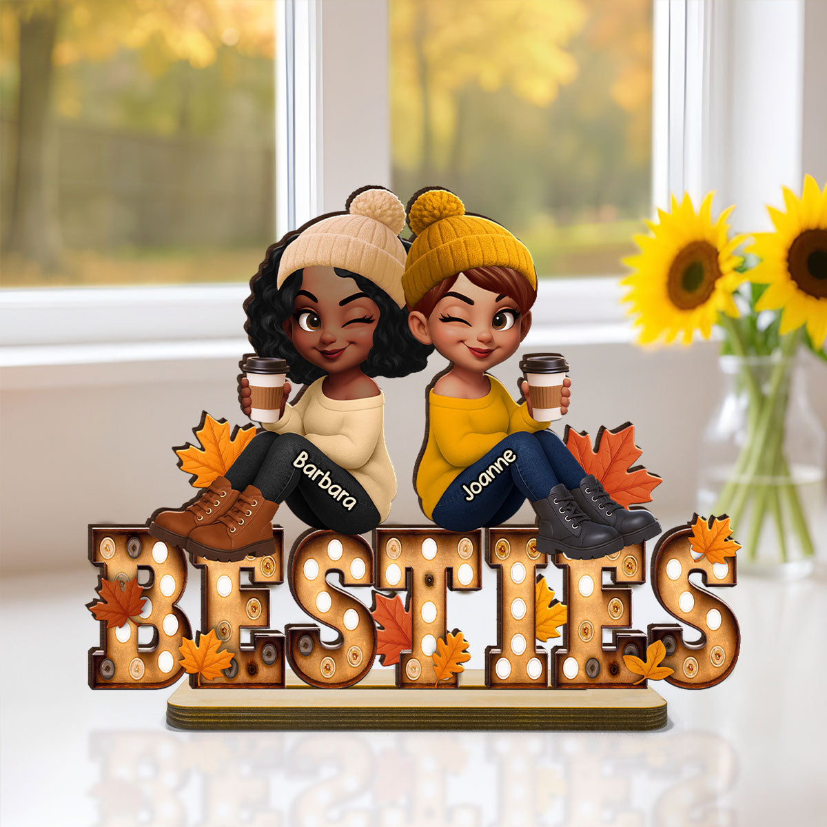 Fall Besties Sitting On Text Marquee Effect Personalized Standing Wooden Plaque, Meaningful Gift For Best Friends