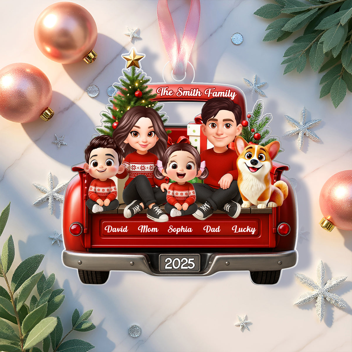Family Sitting On Christmas Truck Personalized Acrylic Ornament, Christmas Gift for Husband, Wife