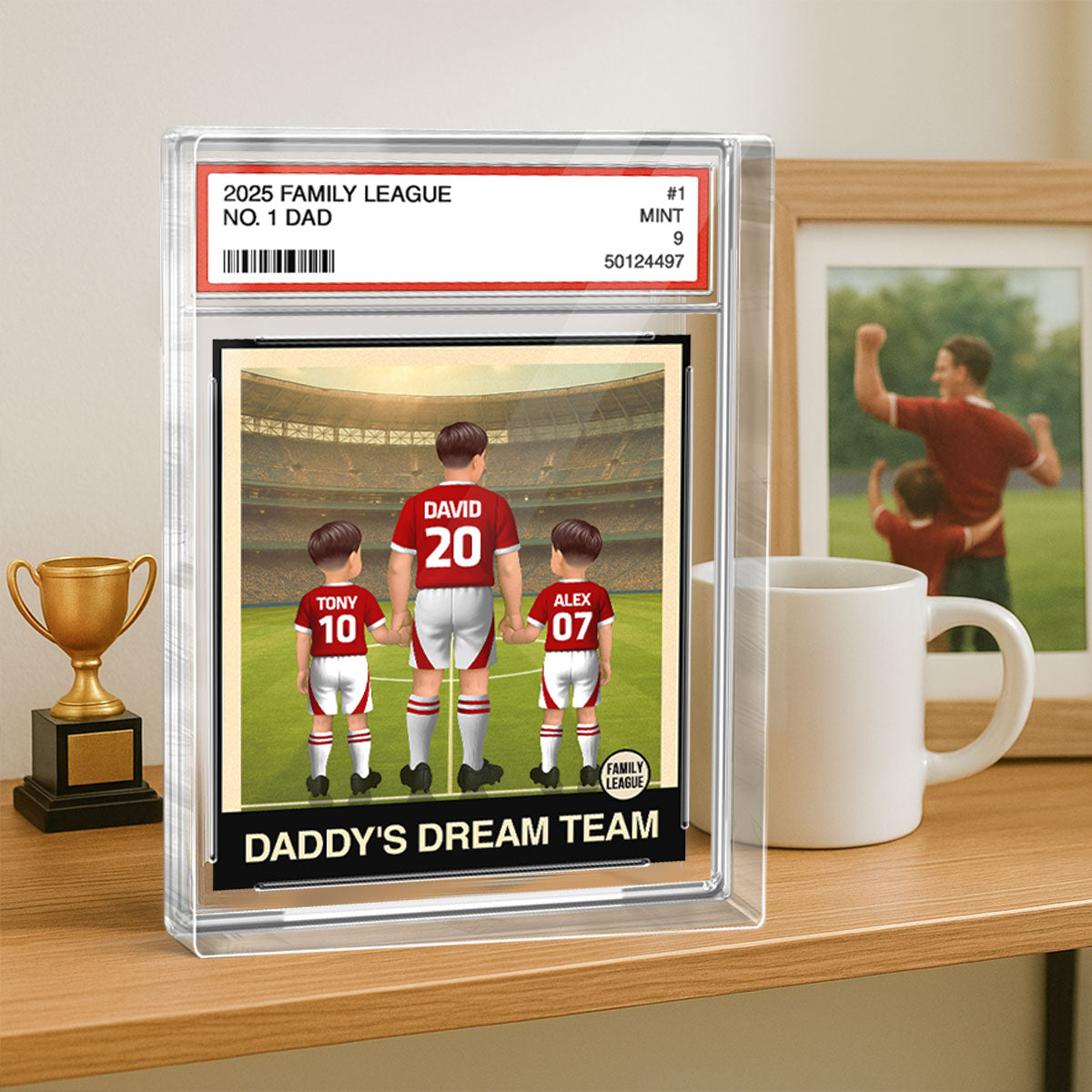 UK AU Football Daddy's Dream Team No. 1 Dad Man & Kids Trading Card Style Personalized Acrylic Block Plaque