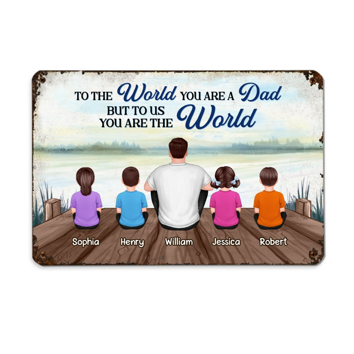 Dad And Kids Back View Lake Personalized Metal Sign