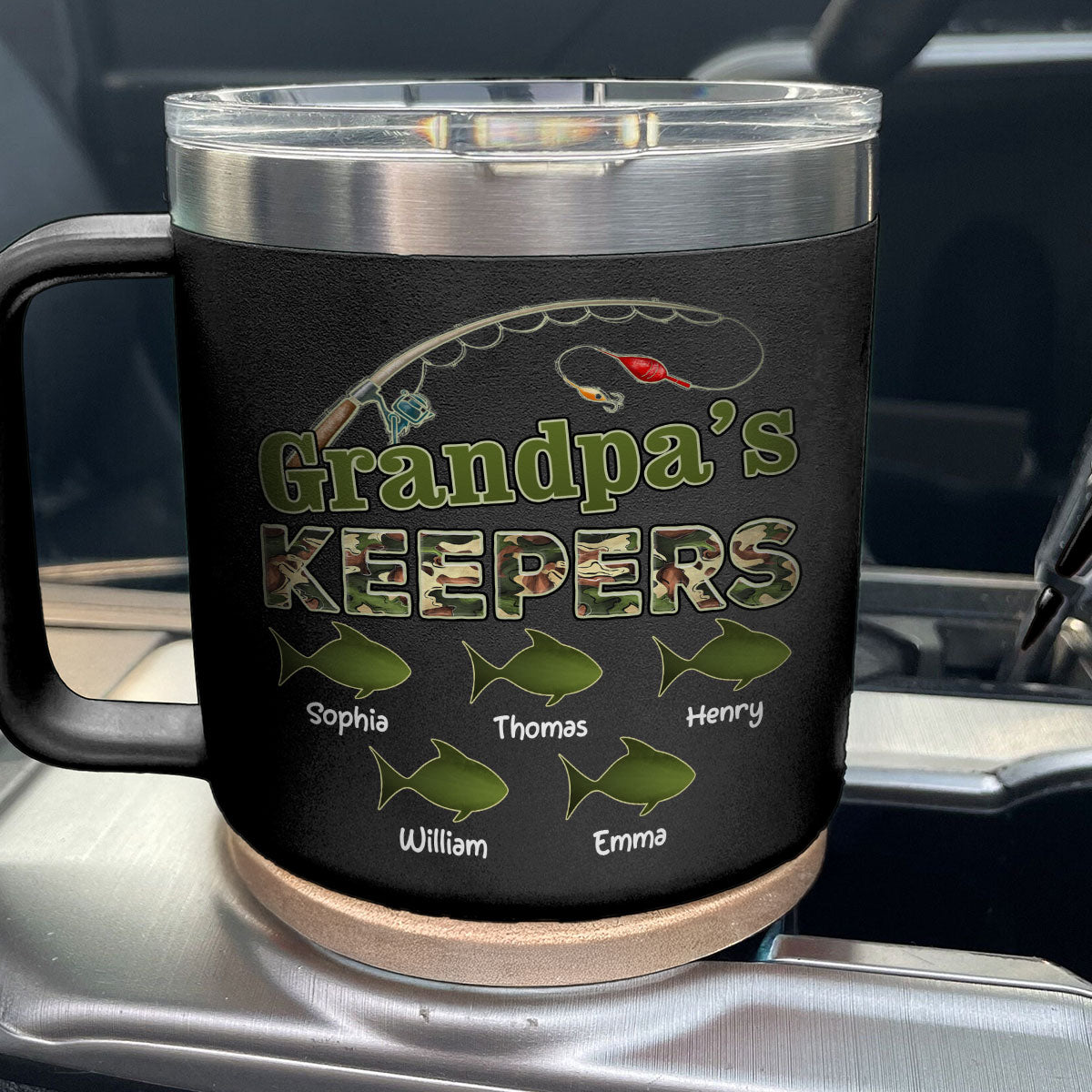 Grandpa's Keepers Fishing Camouflage Personalized Stainless Steel Tumbler With Handle