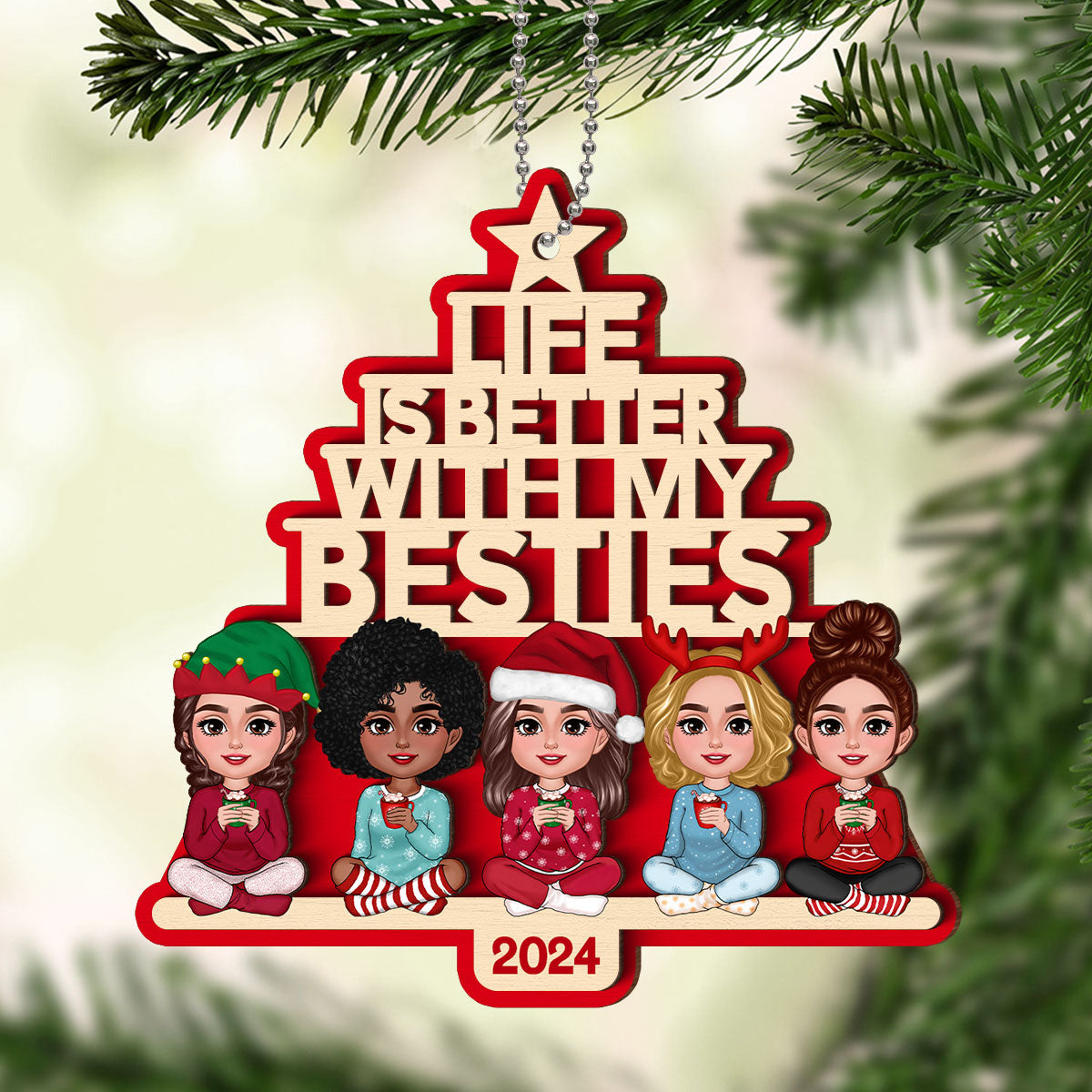 Besties Sitting Pink Christmas Tree Text Personalized 2-Layer Wooden Ornament