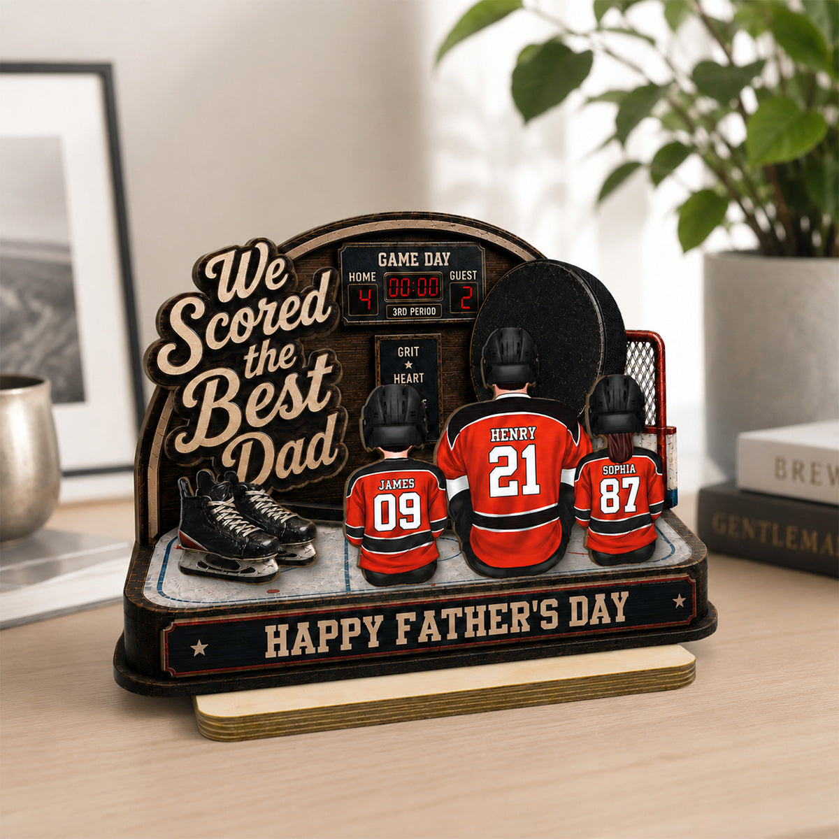 Hockey Dad & Kids Sitting On Court 2D Flat - Personalized 2-Layered Wooden Plaque - Father's Day Gift For Hockey Dad