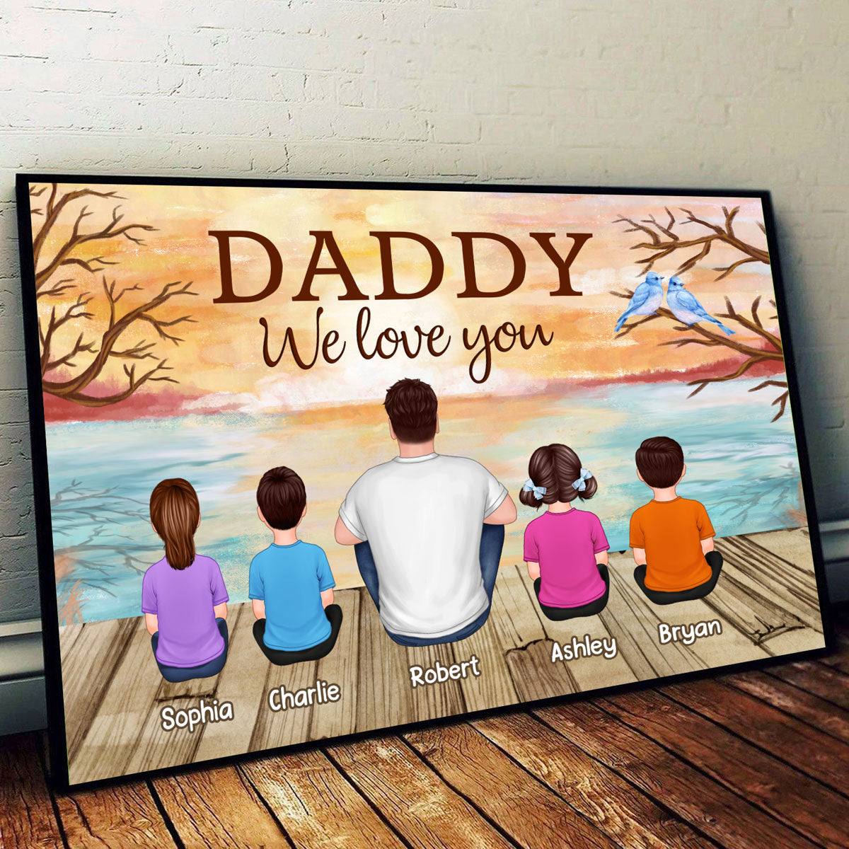 Lake View Dad Grandpa We Love You Back View Dad And Kids Dogs Cats Sitting Personalized Horizontal Poster
