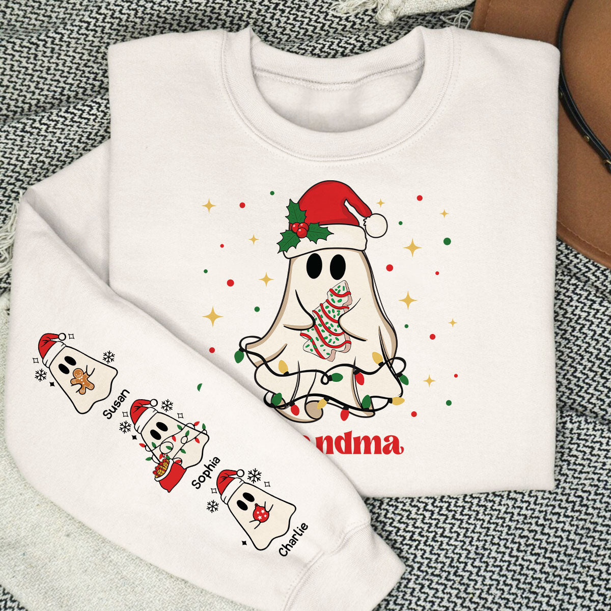 Christmas Cute Boo Grandma Grandkids Personalized Sleeve Printed Sweatshirt