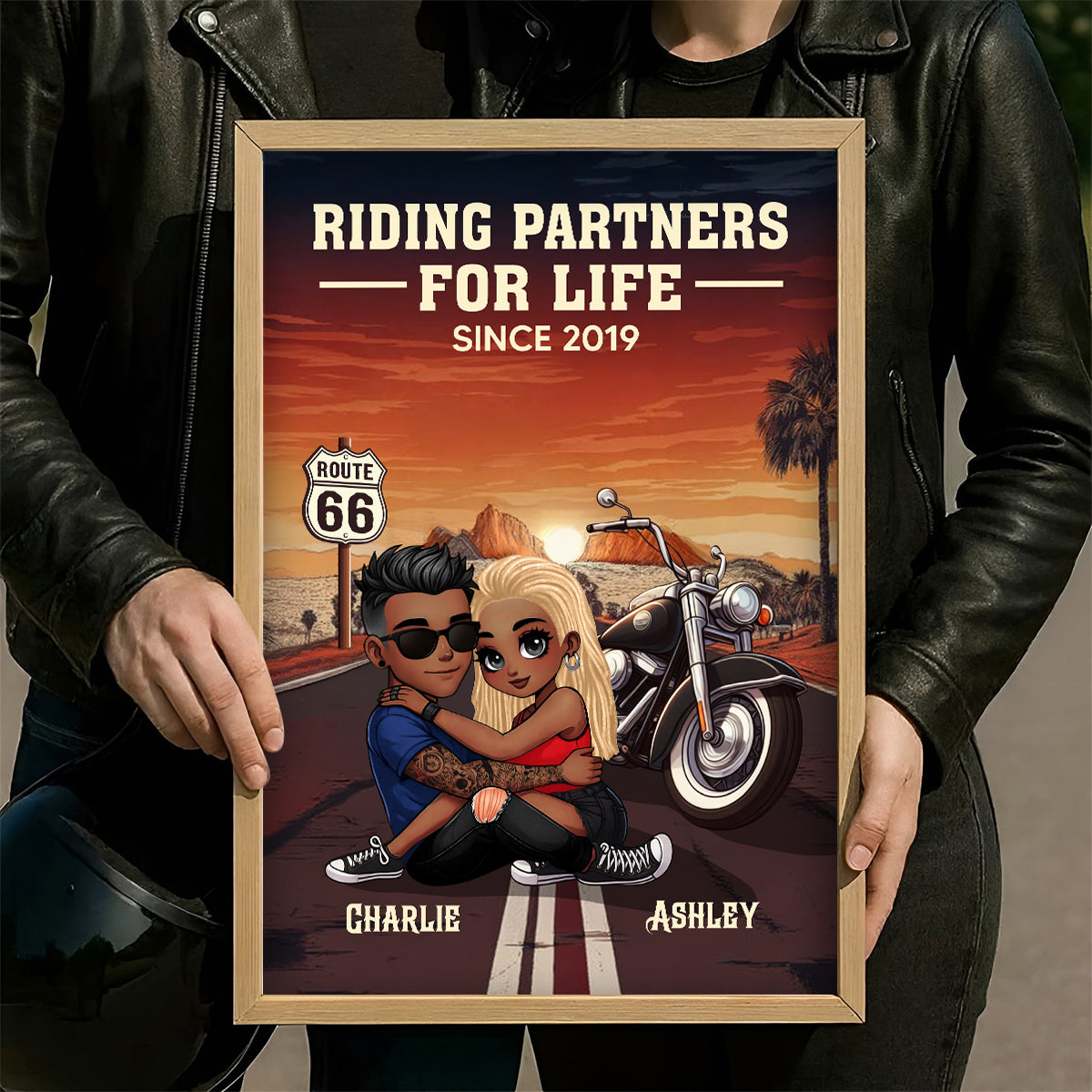 African American Biker Couple Riding Partners for Life Personalized Poster, Gift for him, Gift for her