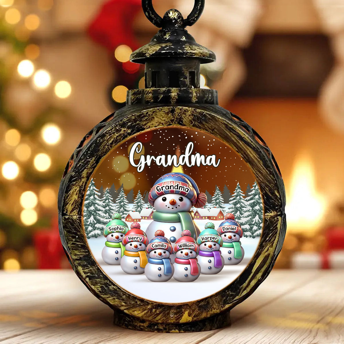 Winter Grandma & Grandkids Snowmen Christmas Personalized Lantern Ornament, Christmas Gift For Grandma, Grandkids