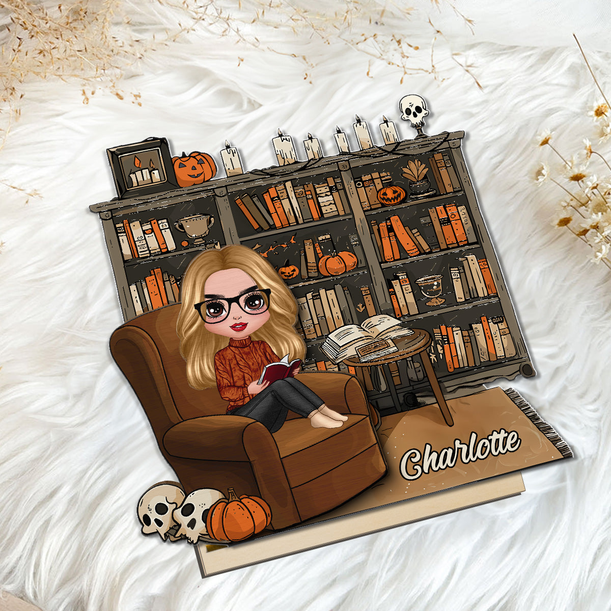3D Effect Fall Season Girl Reading Book Personalized 2-Layer Standing Wooden Plaque, Gift For Book Lovers