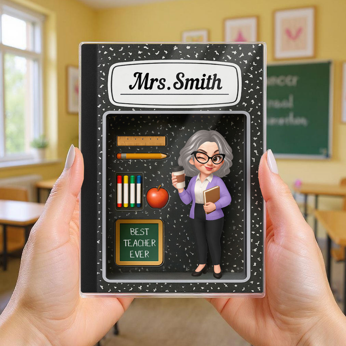 Teacher Inside Composition Book Pattern Box 3D Effect Personalized Acrylic Block, Back To School Gift