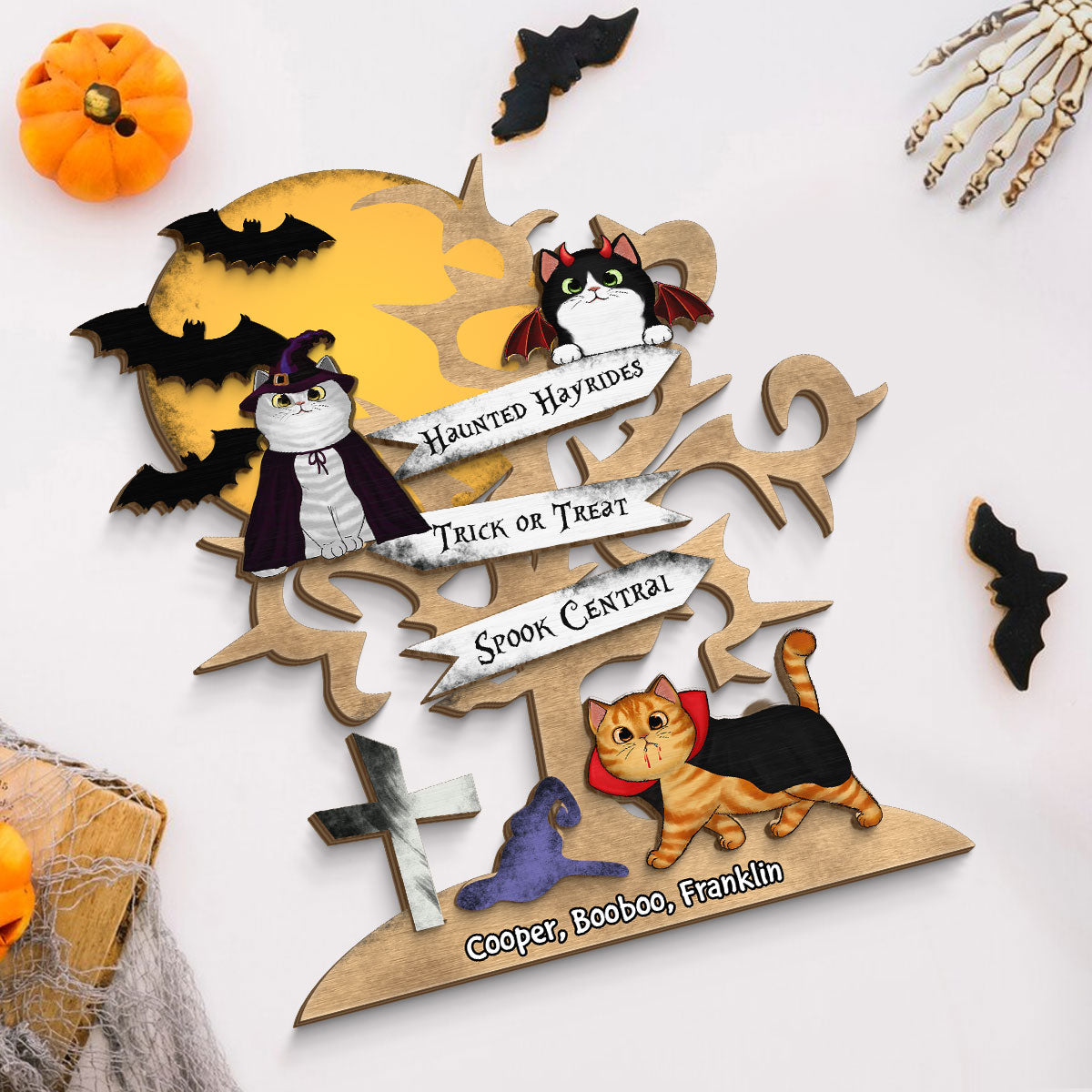 Halloween Cat Spooky Tree Personalized Wooden Standing Plaque, Halloween Decor For Cat Lovers