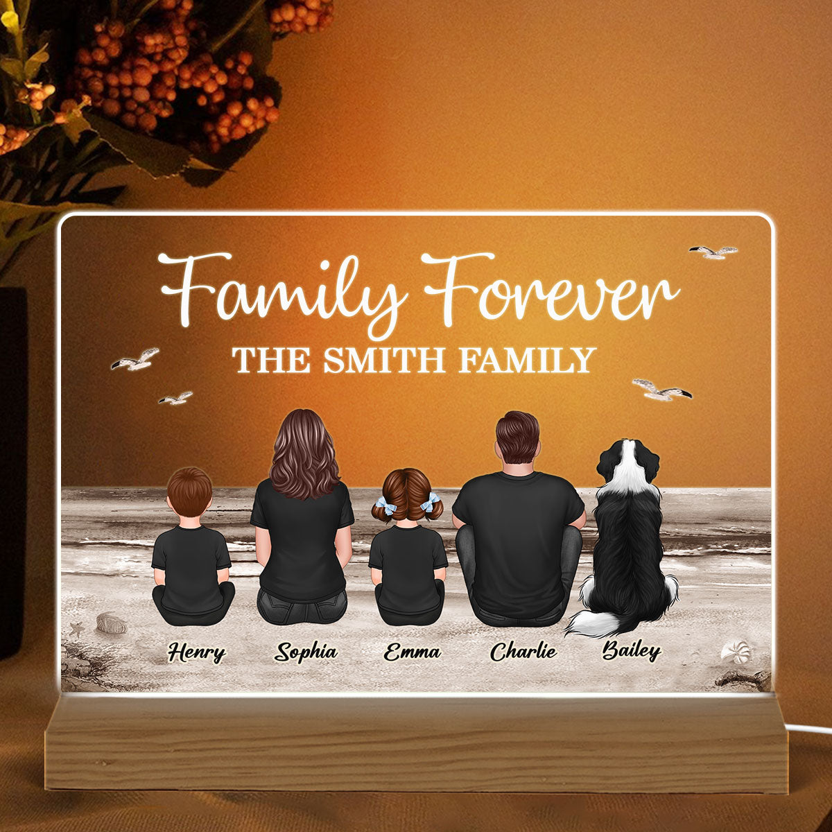 Retro Vintage Family Sitting Beach Landscape Personalized Custom Shape Acrylic Plaque LED Night Light