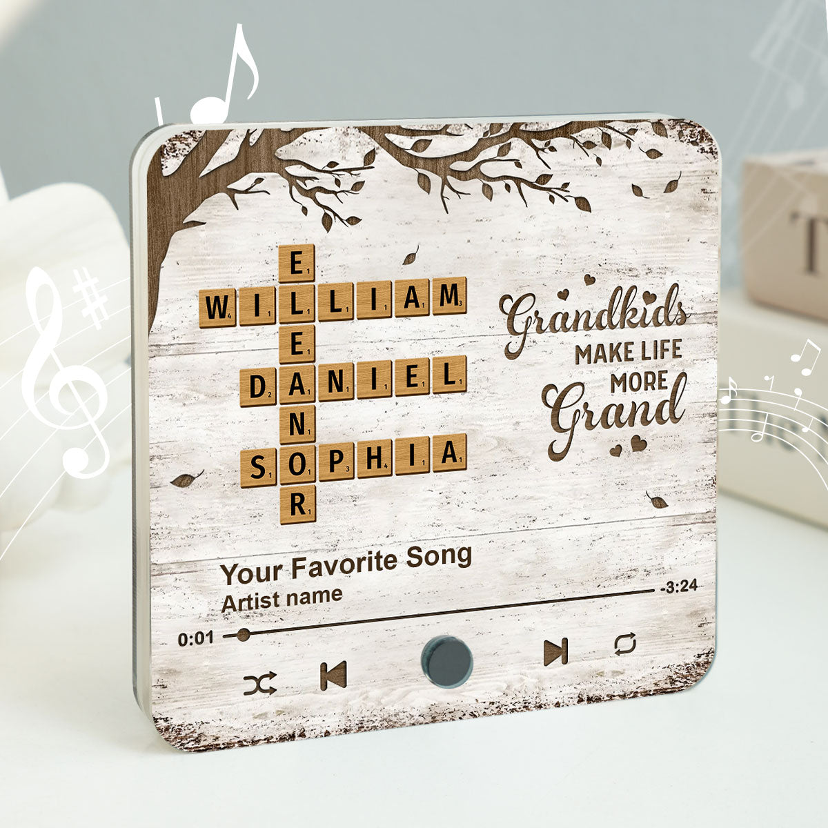 Grandkids Make Life More Grand, Crossword Puzzle Art Personalized Music Fridge Magnet, Gift for Grandma