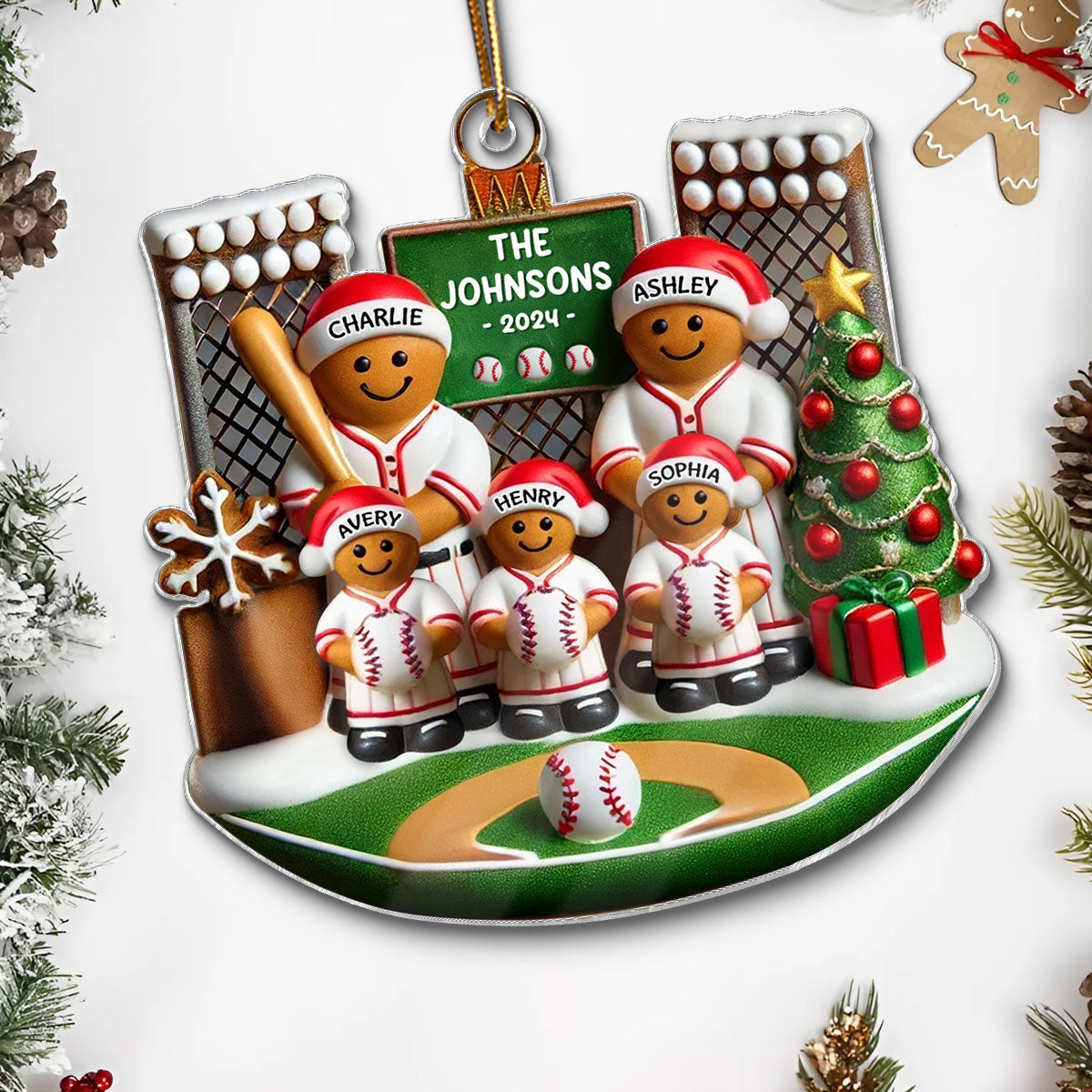 3D Effect Baseball Gingerbread Family On Field Sport Lover - Personalized Acrylic Ornament
