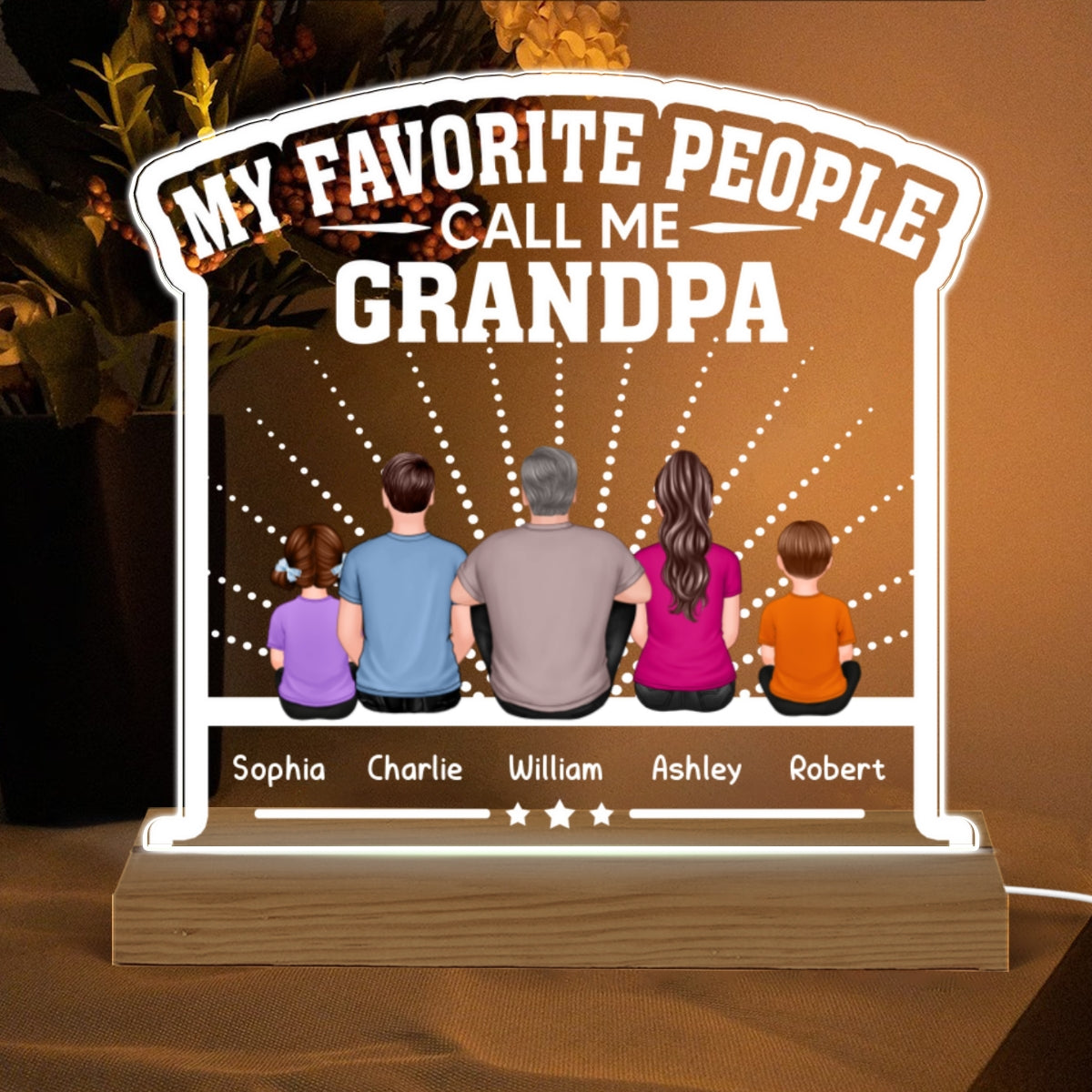 My Favorite People Call Me Grandpa Dad Back View Man Sitting With Kids Personalized Custom Shape Acrylic Plaque Warm LED Night Light