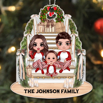 Pajamas Doll Family Sitting On Christmas Stair Personalized Wooden Ornament