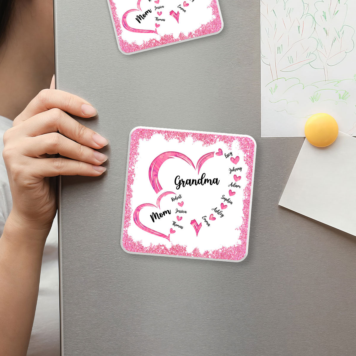 Mom Grandma Hearts In Heart Glitter Effect Personalized Acrylic Fridge Magnet