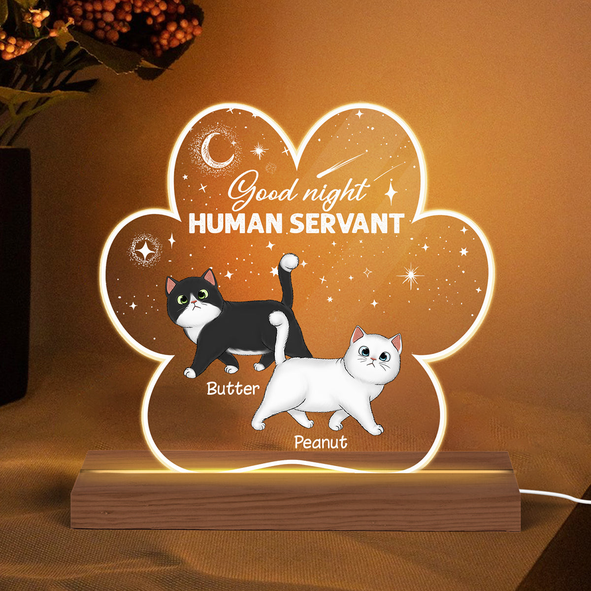 Good Night Human Servant Fluffy Cat Paw Shaped Personalized Custom Shape Acrylic Plaque With LED Night Light