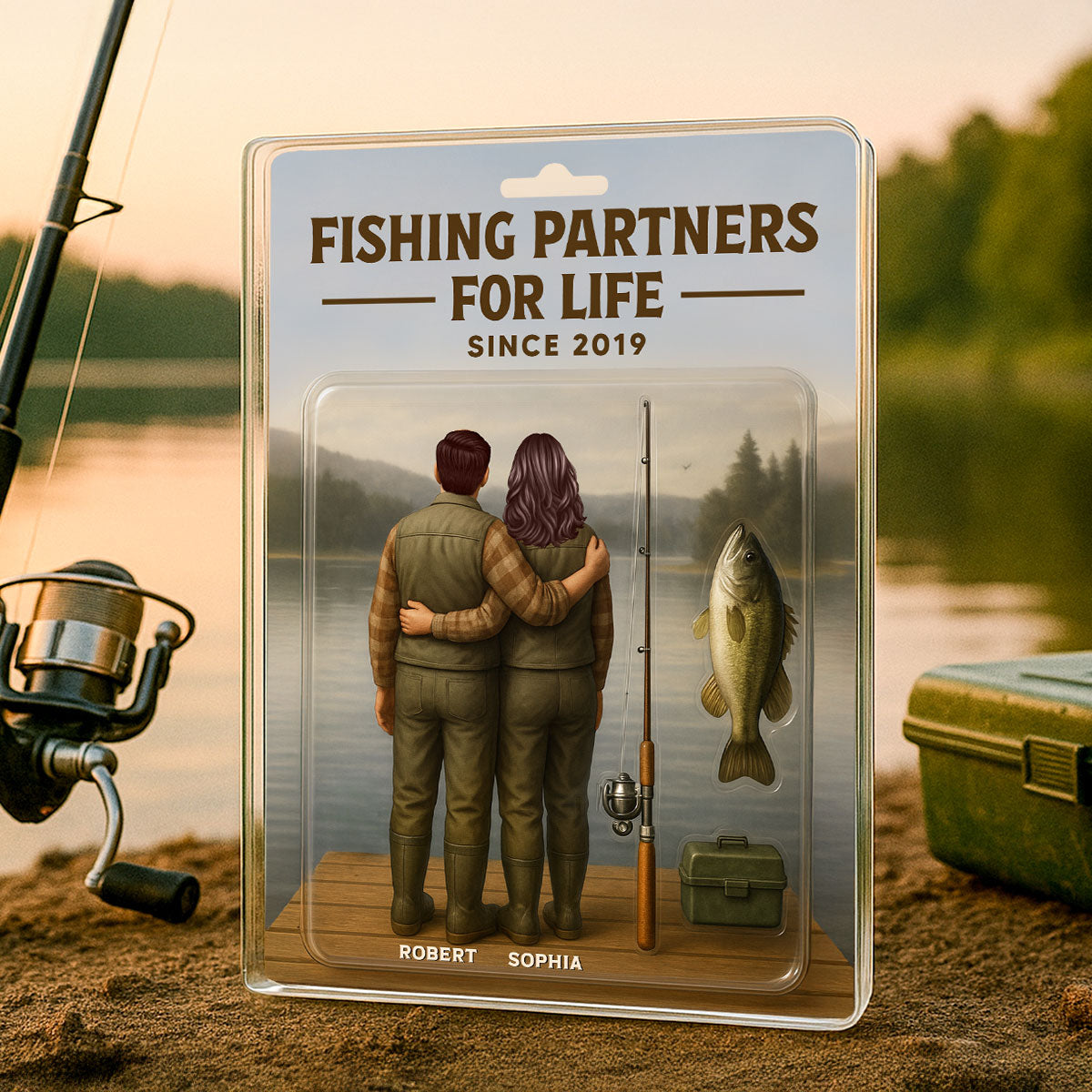 3D Effect Custom Figure Couple Fishing Partners For Life Personalized Rectangle Acrylic Block Plaque