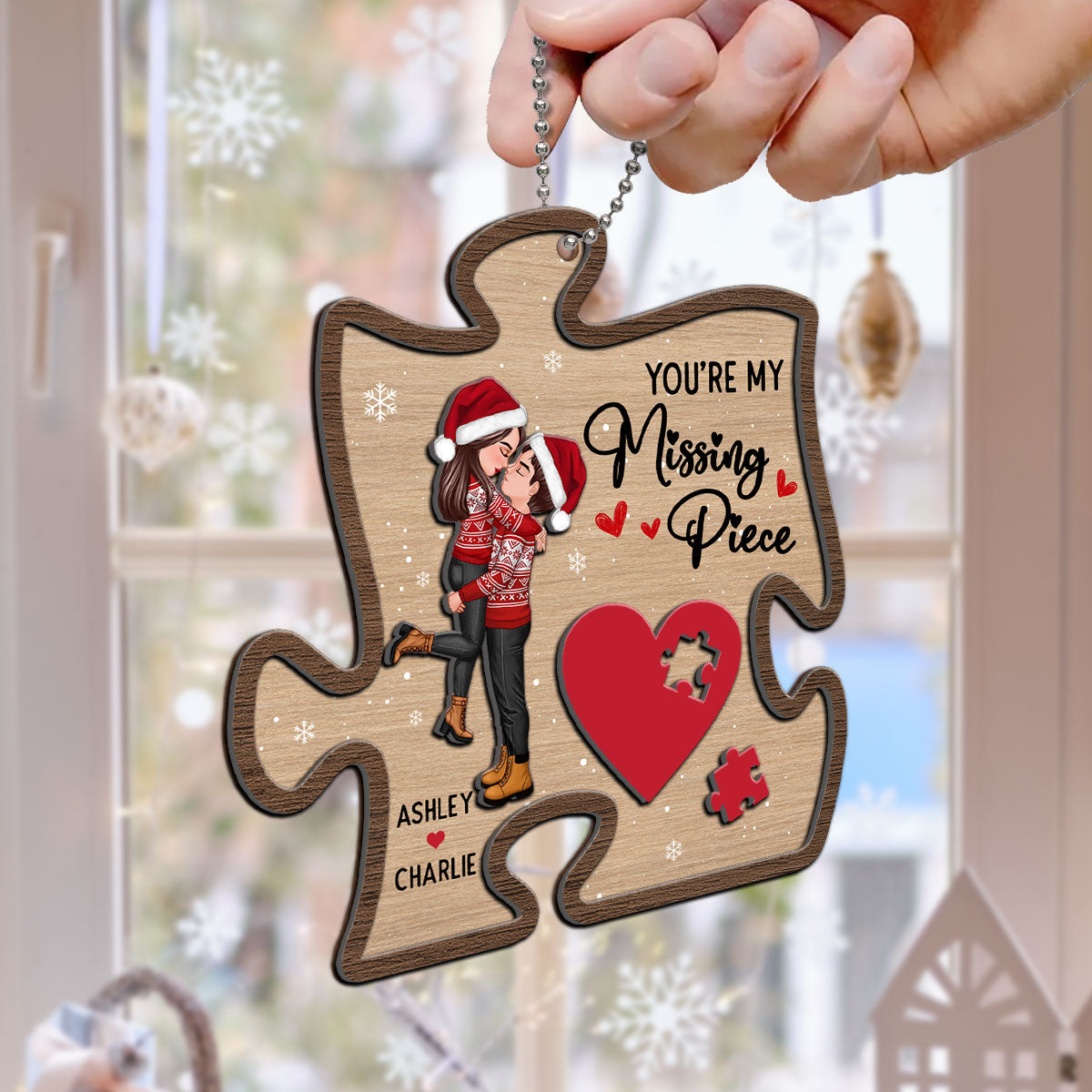 My Missing Piece Couple Hugging Kissing Christmas Personalized 2-Layer Wooden Ornament